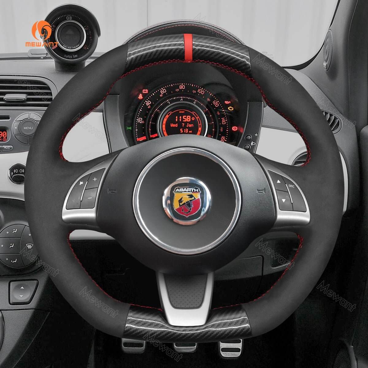 MEWANT Steering Wheel Cover for Fiat / Abarth 500 500C 595 595C 2013 - 2017 - Alcantara, Leather, Carbon Fiber, Easy Install, Non - Slip, Best Steering Wheel Cover