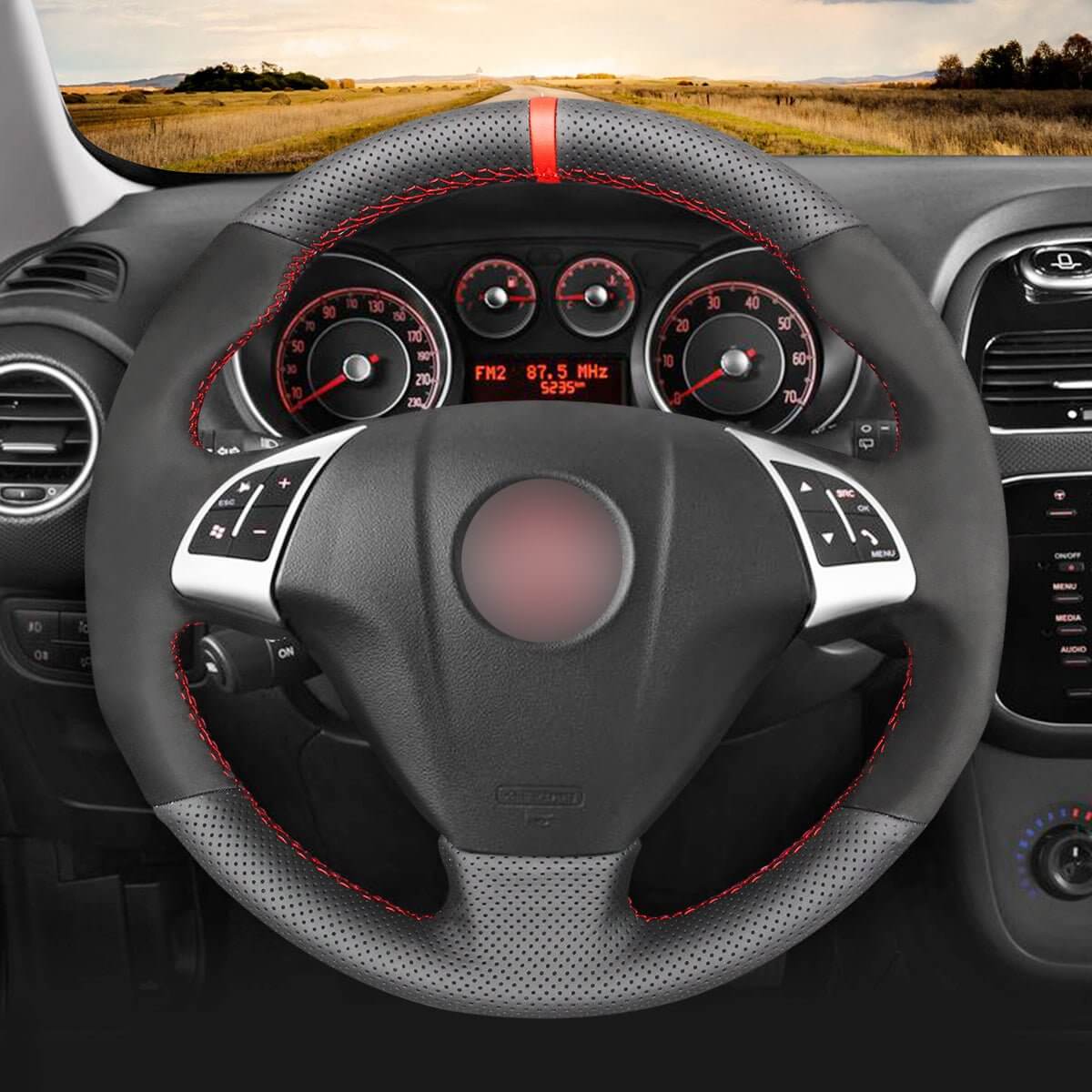 MEWANT Steering Wheel Cover for Fiat / Opel Punto Bravo Linea Qubo Doblo Grande Punto Combo D 2007 - 2019 - Alcantara, Leather, Carbon Fiber, Easy Install, Non - Slip, Best Steering Wheel Cover