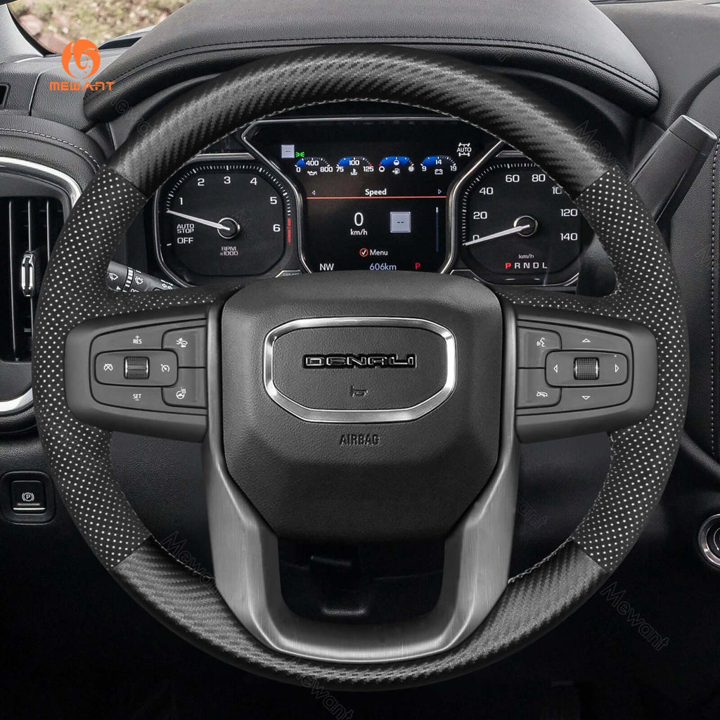 MEWANT Steering Wheel Cover for GMC Sierra 1500 Limited Sierra 2500 3500 Yukon XL 2019 - 2024 - Alcantara, Leather, Carbon Fiber, Easy Install, Non - Slip, Best Steering Wheel Cover