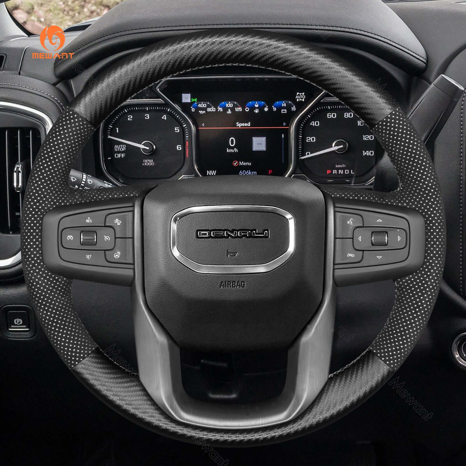 MEWANT Steering Wheel Cover for GMC Sierra 1500 Limited Sierra 2500 3500 Yukon XL 2019 - 2024 - Alcantara, Leather, Carbon Fiber, Easy Install, Non - Slip, Best Steering Wheel Cover