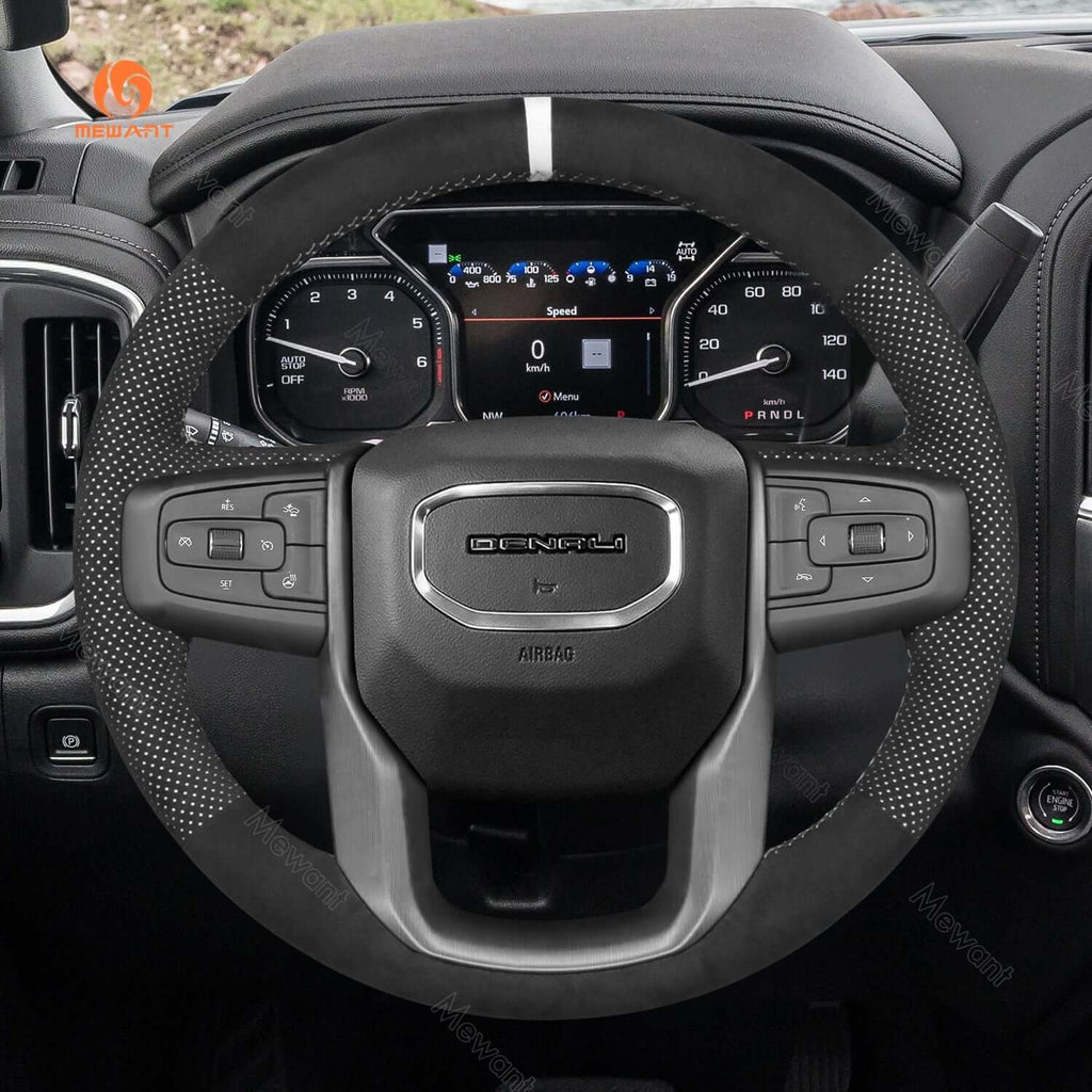 MEWANT Steering Wheel Cover for GMC Sierra 1500 Limited Sierra 2500 3500 Yukon XL 2019 - 2024 - Alcantara, Leather, Carbon Fiber, Easy Install, Non - Slip, Best Steering Wheel Cover