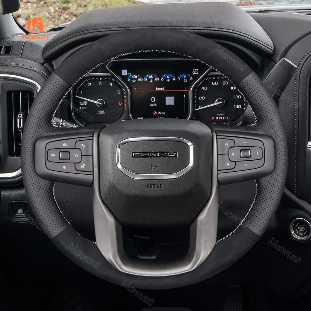 MEWANT Steering Wheel Cover for GMC Sierra 1500 Limited Sierra 2500 3500 Yukon XL 2019 - 2024 - Alcantara, Leather, Carbon Fiber, Easy Install, Non - Slip, Best Steering Wheel Cover
