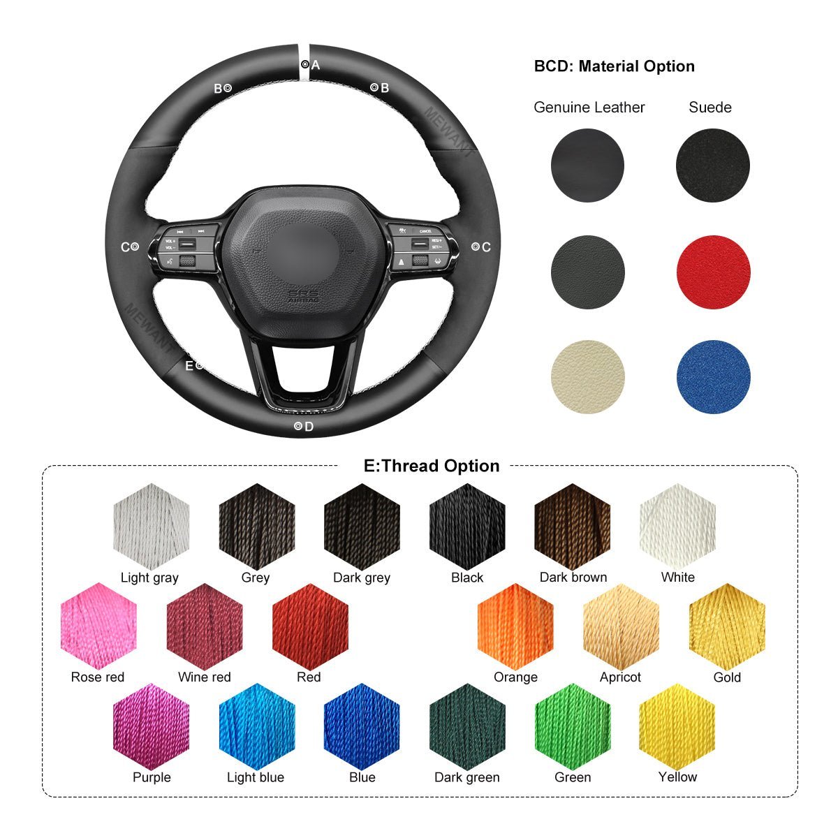 MEWANT Steering Wheel Cover for Honda Civic 11 XI 2021 - 2022 - Alcantara, Leather, Carbon Fiber, Easy Install, Non - Slip, Best Steering Wheel Cover