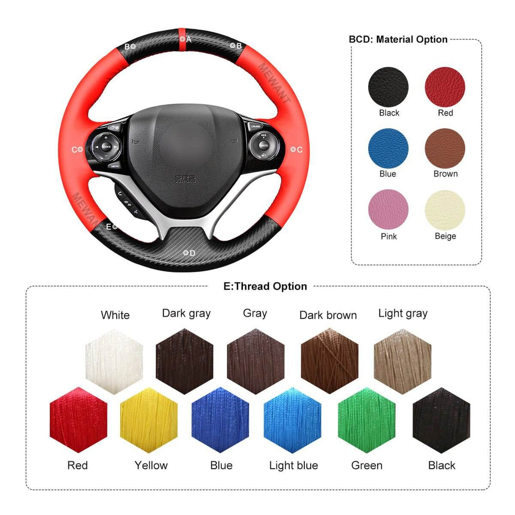 MEWANT Steering Wheel Cover for Honda Civic 9 2012 - 2017 - Alcantara, Leather, Carbon Fiber, Easy Install, Non - Slip, Best Steering Wheel Cover