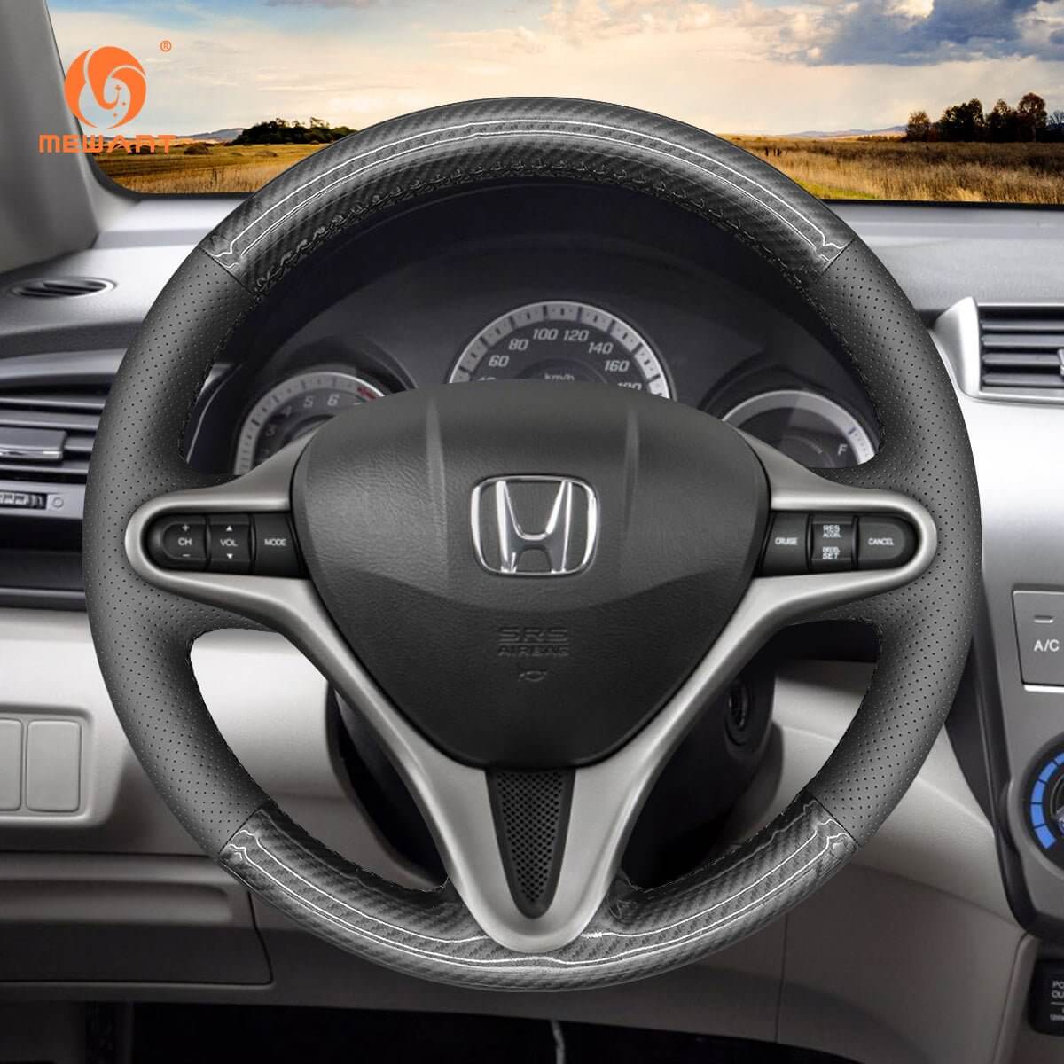 MEWANT Steering Wheel Cover for Honda Fit Insight Jazz City 2008 - 2015 - Alcantara, Leather, Carbon Fiber, Easy Install, Non - Slip, Best Steering Wheel Cover