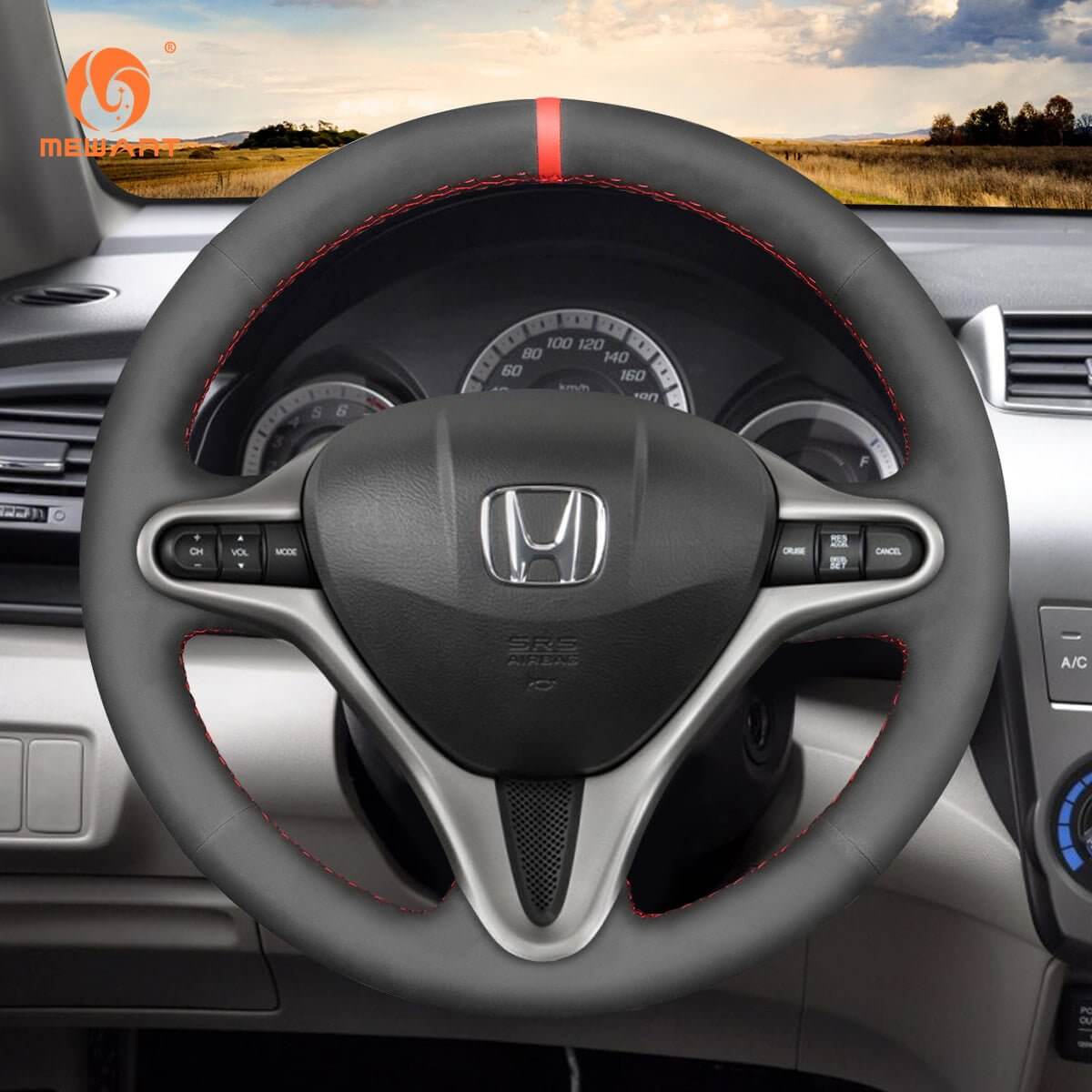 MEWANT Steering Wheel Cover for Honda Fit Insight Jazz City 2008 - 2015 - Alcantara, Leather, Carbon Fiber, Easy Install, Non - Slip, Best Steering Wheel Cover