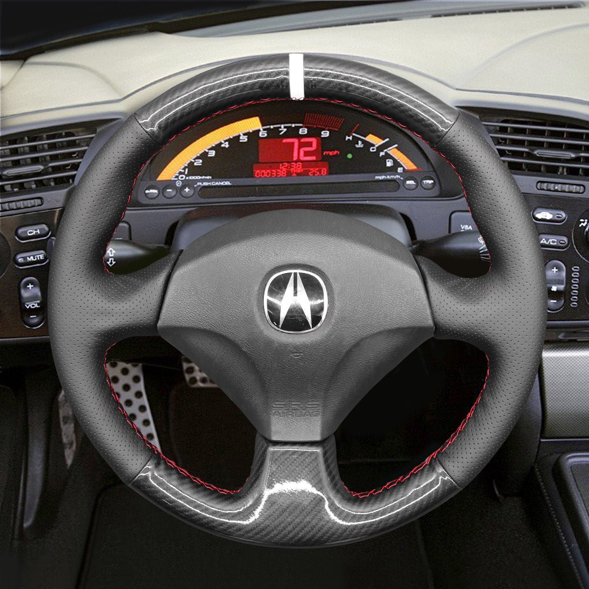 MEWANT Steering Wheel Cover for Honda S2000 2000 - 2009 / Civic (SI) 2002 - 2005 / Insight 2000 - 2006 / for Acura RSX 2002 - 2006 - Alcantara, Leather, Carbon Fiber, Easy Install, Non - Slip, Best Steering Wheel Cover