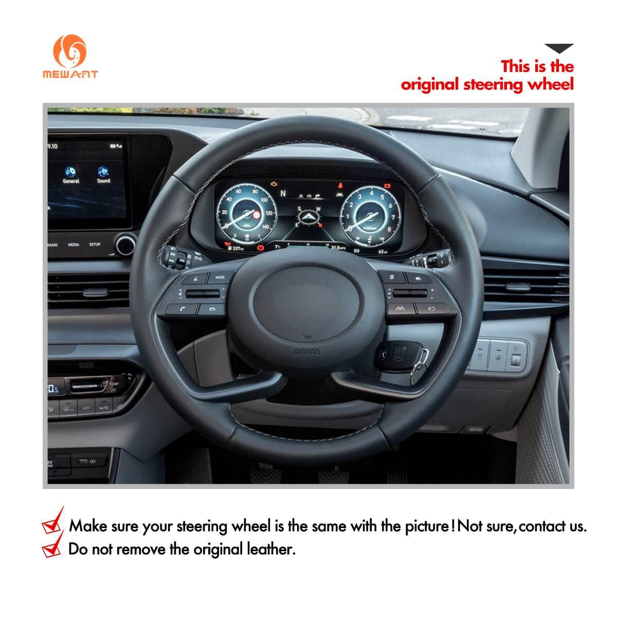 MEWANT Steering Wheel Cover for Hyundai i20 III 2020 - 2023 Bayon 2021 - 2024 - Alcantara, Leather, Carbon Fiber, Easy Install, Non - Slip, Best Steering Wheel Cover