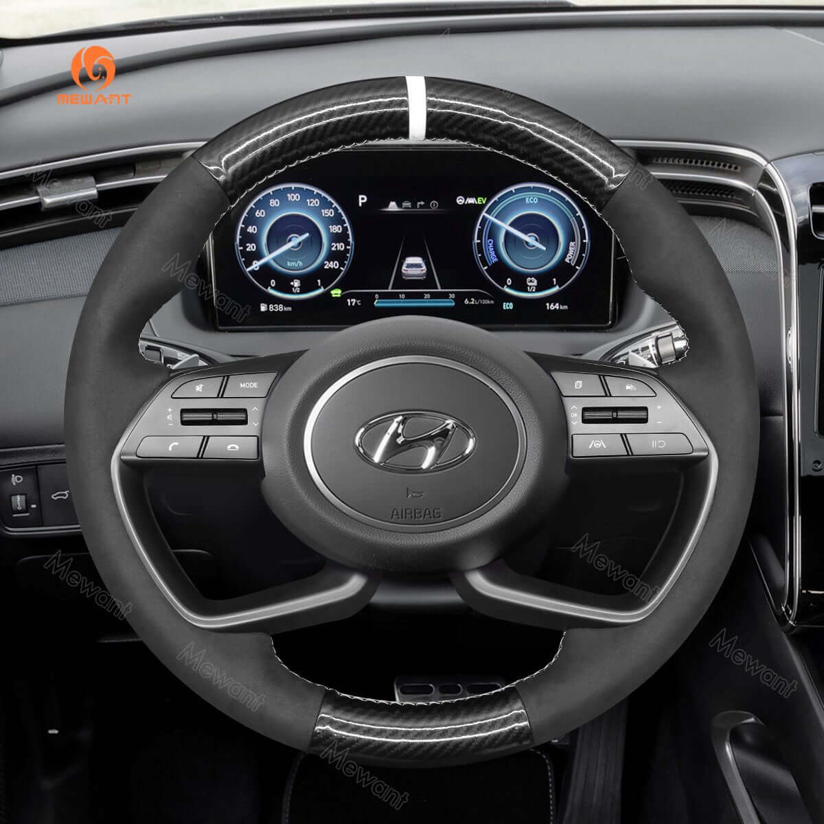 MEWANT Steering Wheel Cover for Hyundai i20 III 2020 - 2023 Bayon 2021 - 2024 - Alcantara, Leather, Carbon Fiber, Easy Install, Non - Slip, Best Steering Wheel Cover