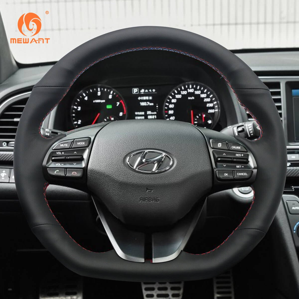 MEWANT Steering Wheel Cover for Hyundai Ioniq Elantra VI Sport|SR Turbo 2015 - 2022 - Alcantara, Leather, Carbon Fiber, Easy Install, Non - Slip, Best Steering Wheel Cover