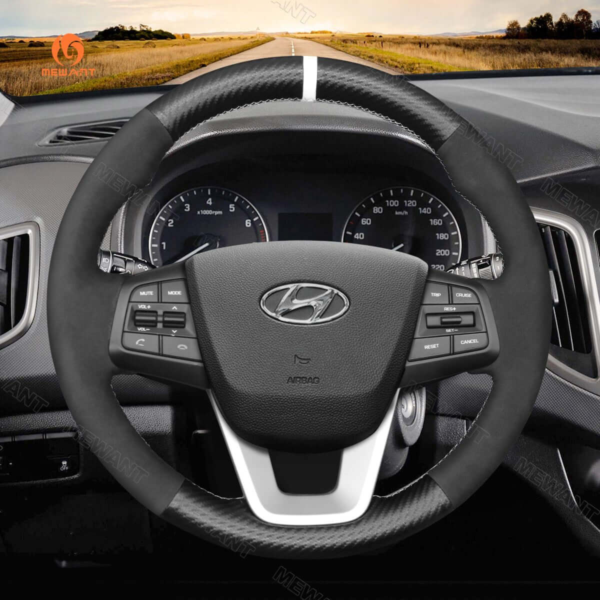 MEWANT Steering Wheel Cover for Hyundai ix25 Creta 2014 - 2017 - Alcantara, Leather, Carbon Fiber, Easy Install, Non - Slip, Best Steering Wheel Cover