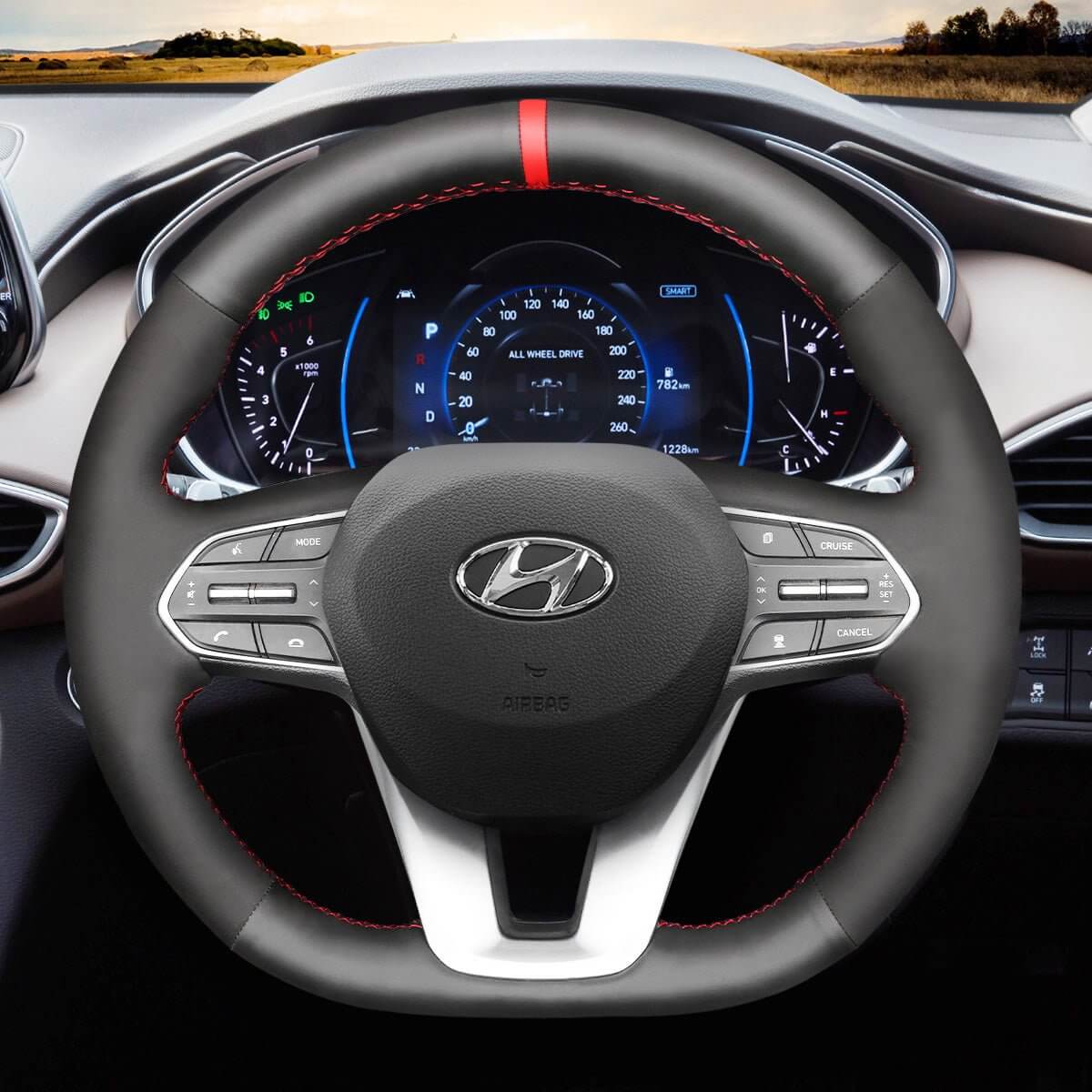 MEWANT Steering Wheel Cover for Hyundai Santa Fe IV Palisade 2018 - 2023 - Alcantara, Leather, Carbon Fiber, Easy Install, Non - Slip, Best Steering Wheel Cover