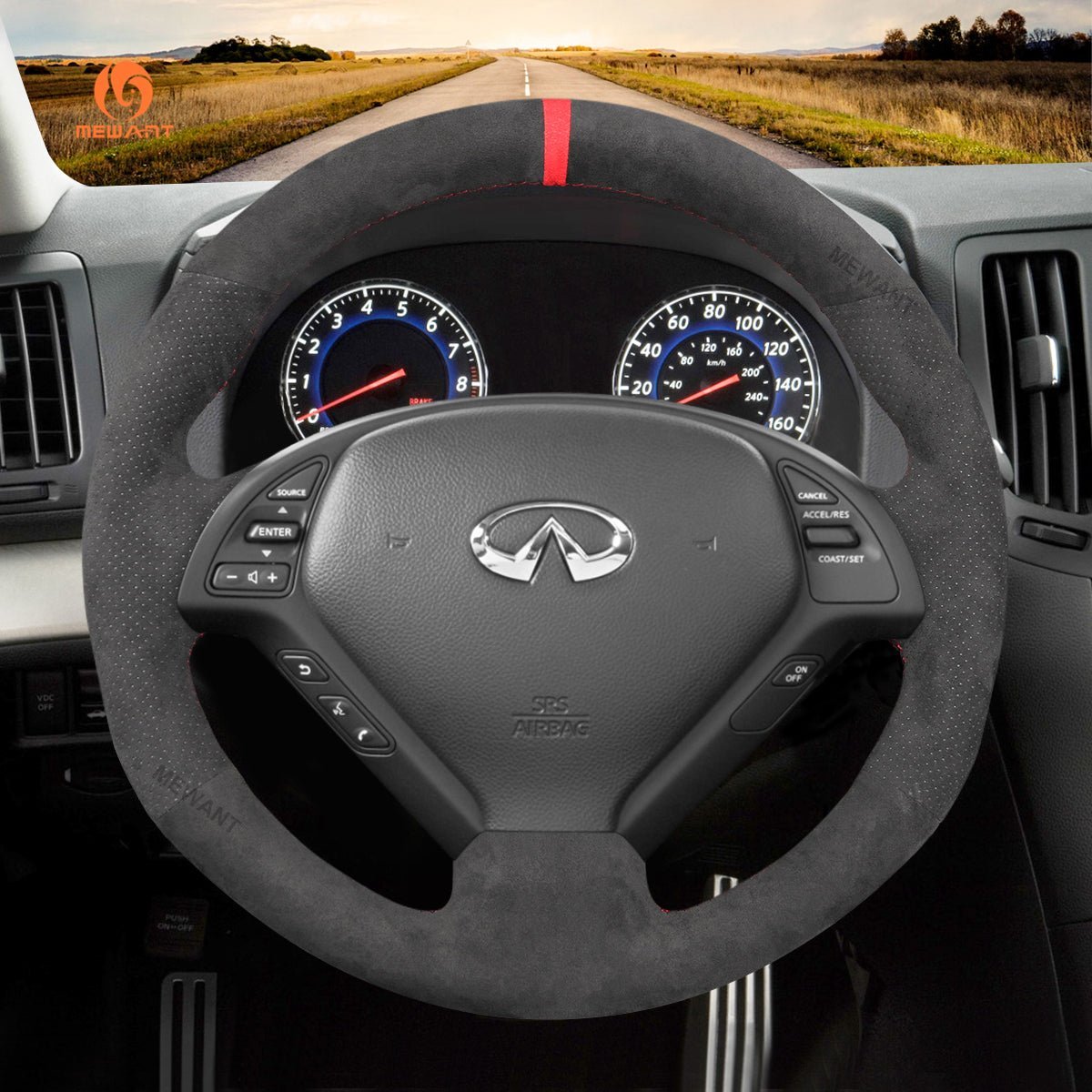 MEWANT Steering Wheel Cover for Infiniti G25 EX EX35 Q40 Q60 QX50 2006 - 2018 - Alcantara, Leather, Carbon Fiber, Easy Install, Non - Slip, Best Steering Wheel Cover