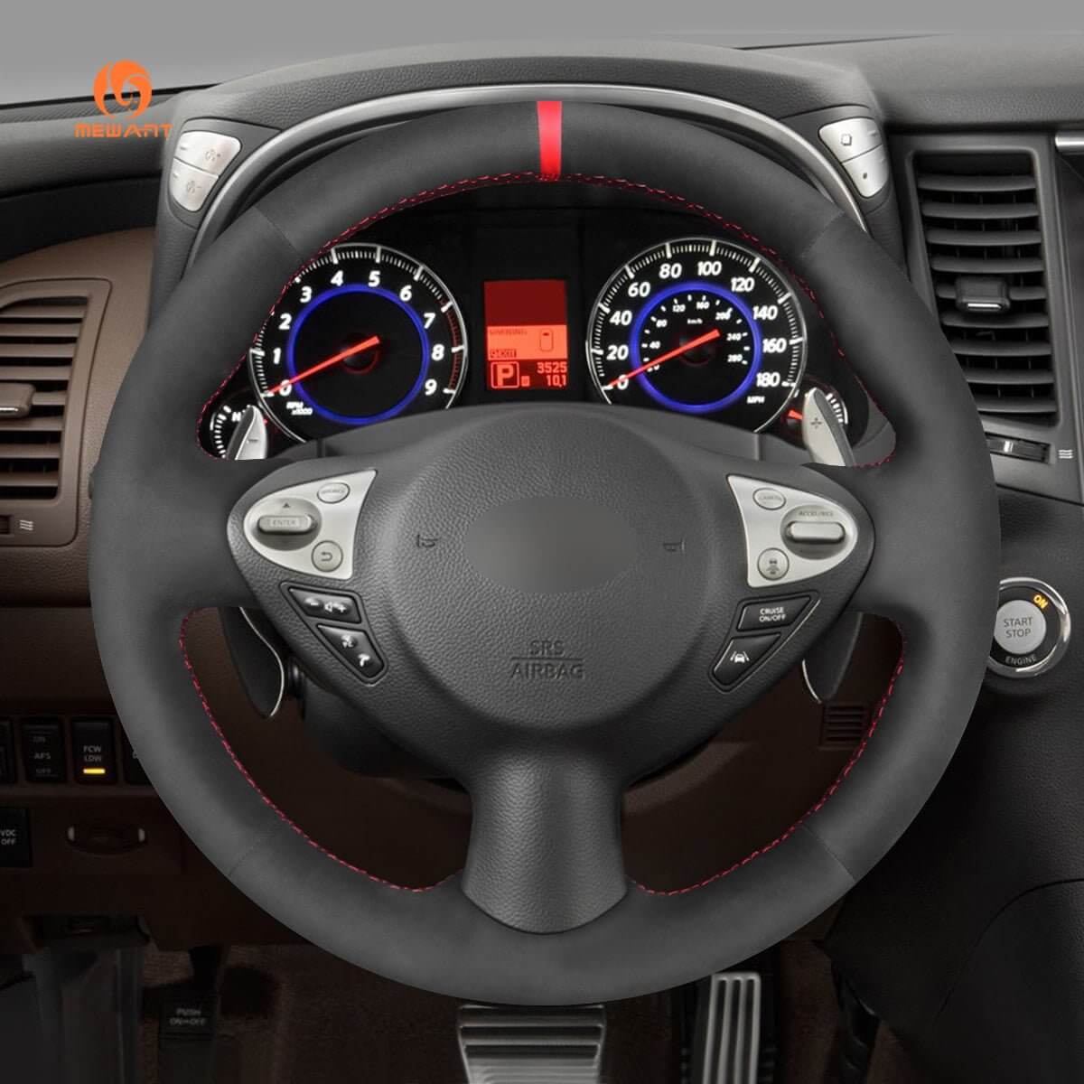 MEWANT Steering Wheel Cover for Infiniti / Nissan Juke F15 FX FX30d FX35 FX37 FX50 QX70 2009 - 2018 - Alcantara, Leather, Carbon Fiber, Easy Install, Non - Slip, Best Steering Wheel Cover