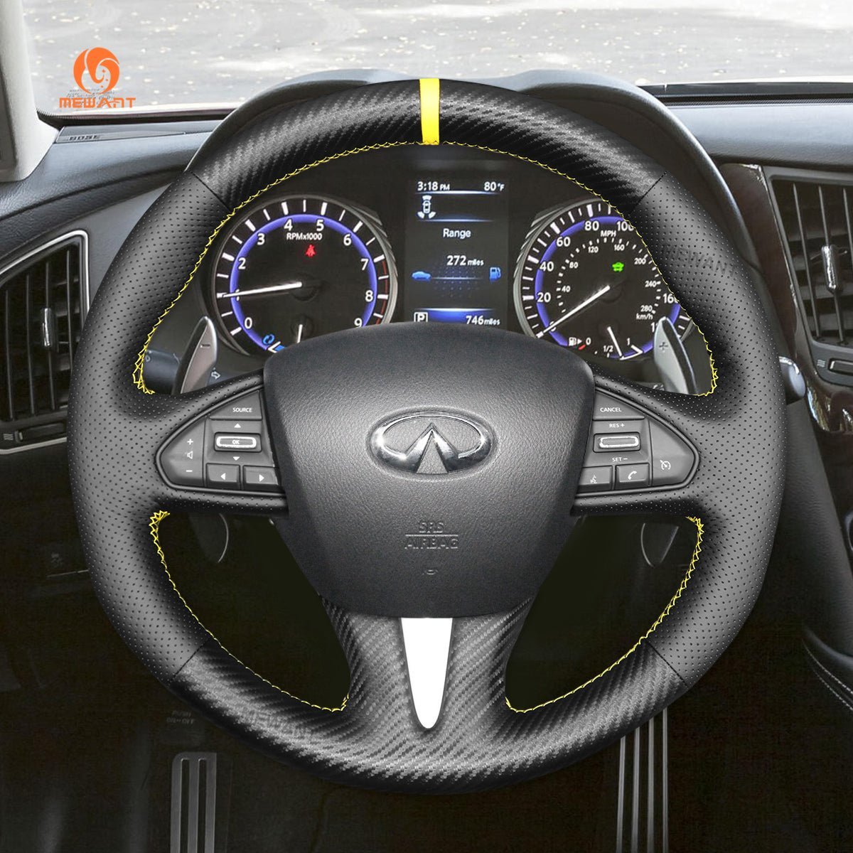 MEWANT Steering Wheel Cover for Infiniti Q50 2014 - 2017 QX50 2015 - 2017 - Alcantara, Leather, Carbon Fiber, Easy Install, Non - Slip, Best Steering Wheel Cover