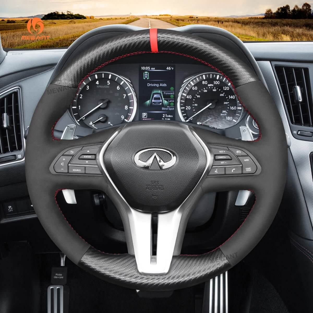 MEWANT Steering Wheel Cover for Infiniti Q50 2018 - 2019 Q60 2016 - 2018 QX50 2018 - 2019 - Alcantara, Leather, Carbon Fiber, Easy Install, Non - Slip, Best Steering Wheel Cover