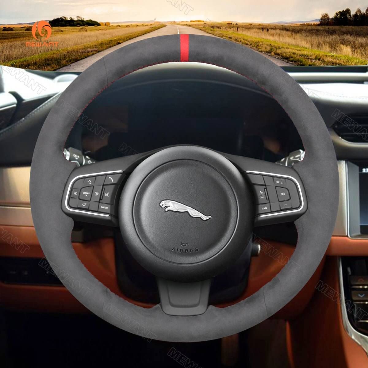 MEWANT Steering Wheel Cover for Jaguar E - Pace F - Pace XE XF 2015 - 2019 - Alcantara, Leather, Carbon Fiber, Easy Install, Non - Slip, Best Steering Wheel Cover