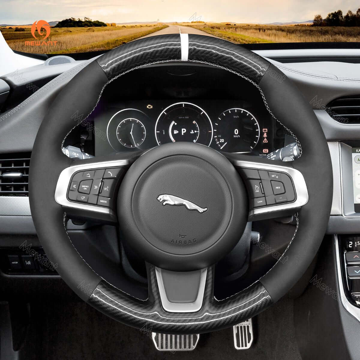 MEWANT Steering Wheel Cover for Jaguar E - Pace F - Pace XF 2017 - 2019 - Alcantara, Leather, Carbon Fiber, Easy Install, Non - Slip, Best Steering Wheel Cover
