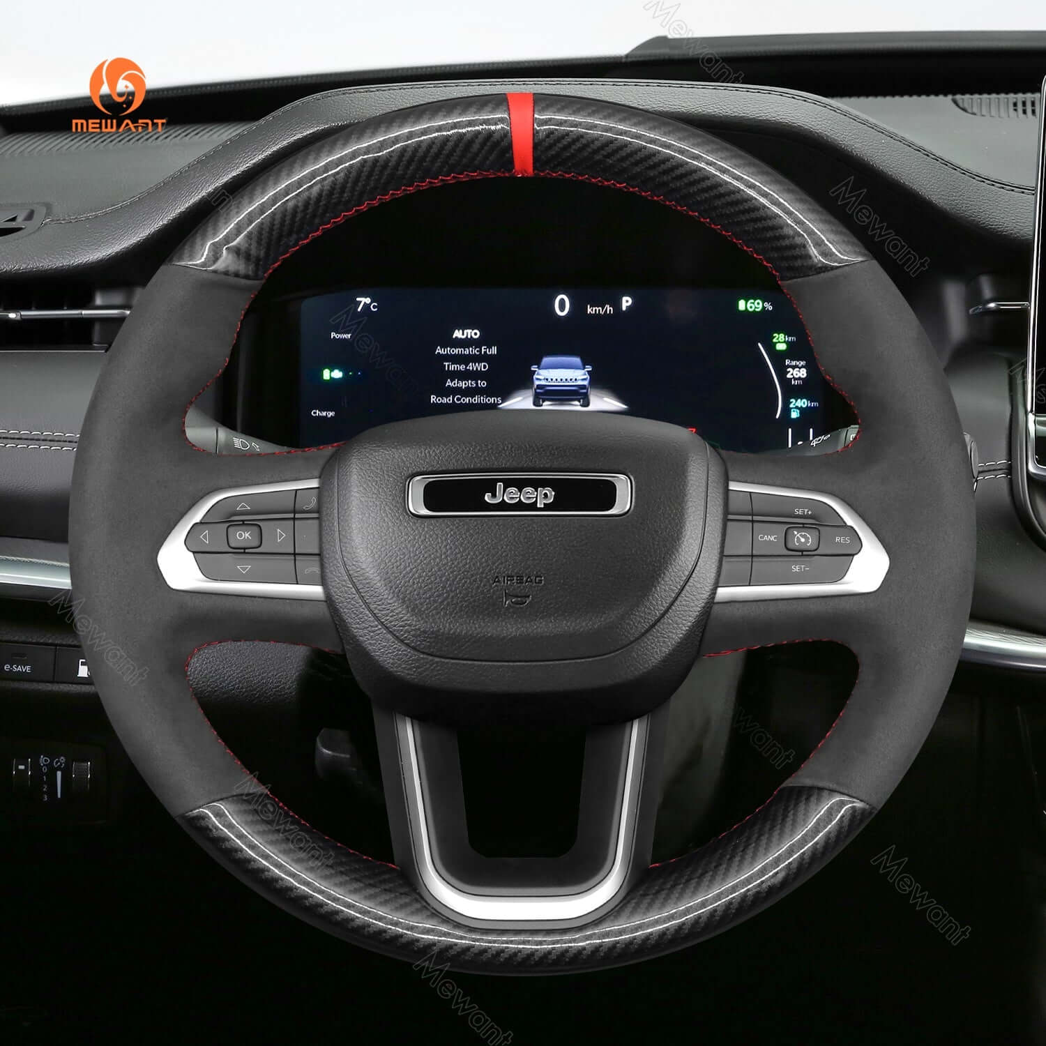 MEWANT Steering Wheel Cover for Jeep Compass II MP 2021 - 2024 - Alcantara, Leather, Carbon Fiber, Easy Install, Non - Slip, Best Steering Wheel Cover