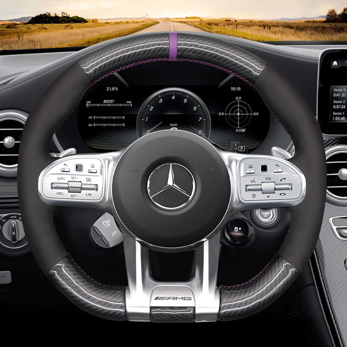 MEWANT Steering Wheel Cover for Mercedes Benz AMG A35 W177 C190 W205 W213 2019 - 2021 - Alcantara, Leather, Carbon Fiber, Easy Install, Non - Slip, Best Steering Wheel Cover