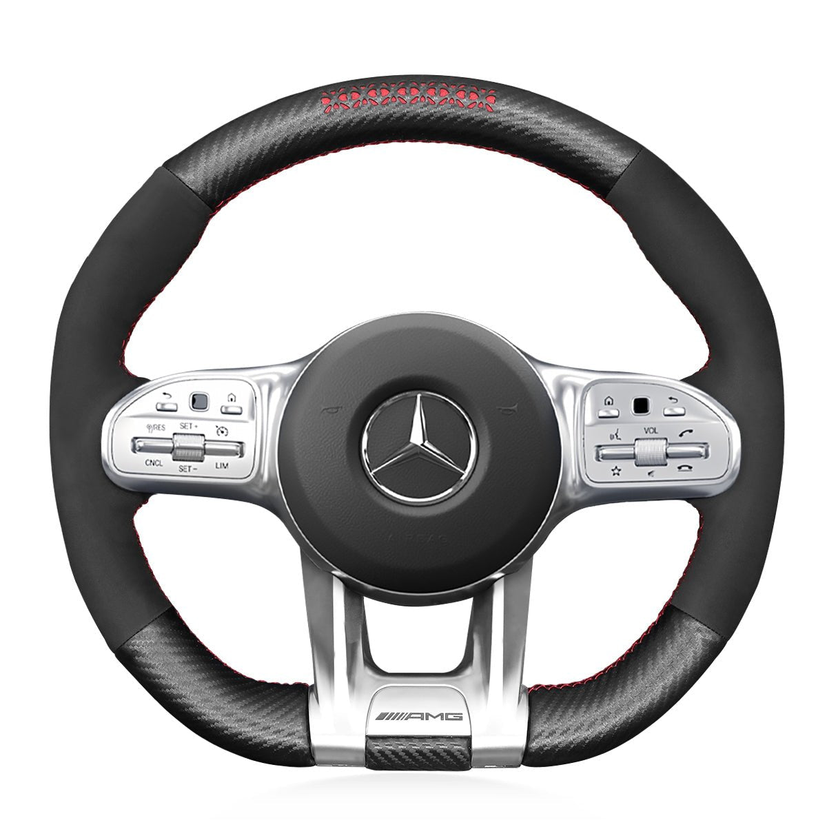 MEWANT Steering Wheel Cover for Mercedes Benz AMG A35 W177 C190 W205 W213 2019 - 2021 - Alcantara, Leather, Carbon Fiber, Easy Install, Non - Slip, Best Steering Wheel Cover