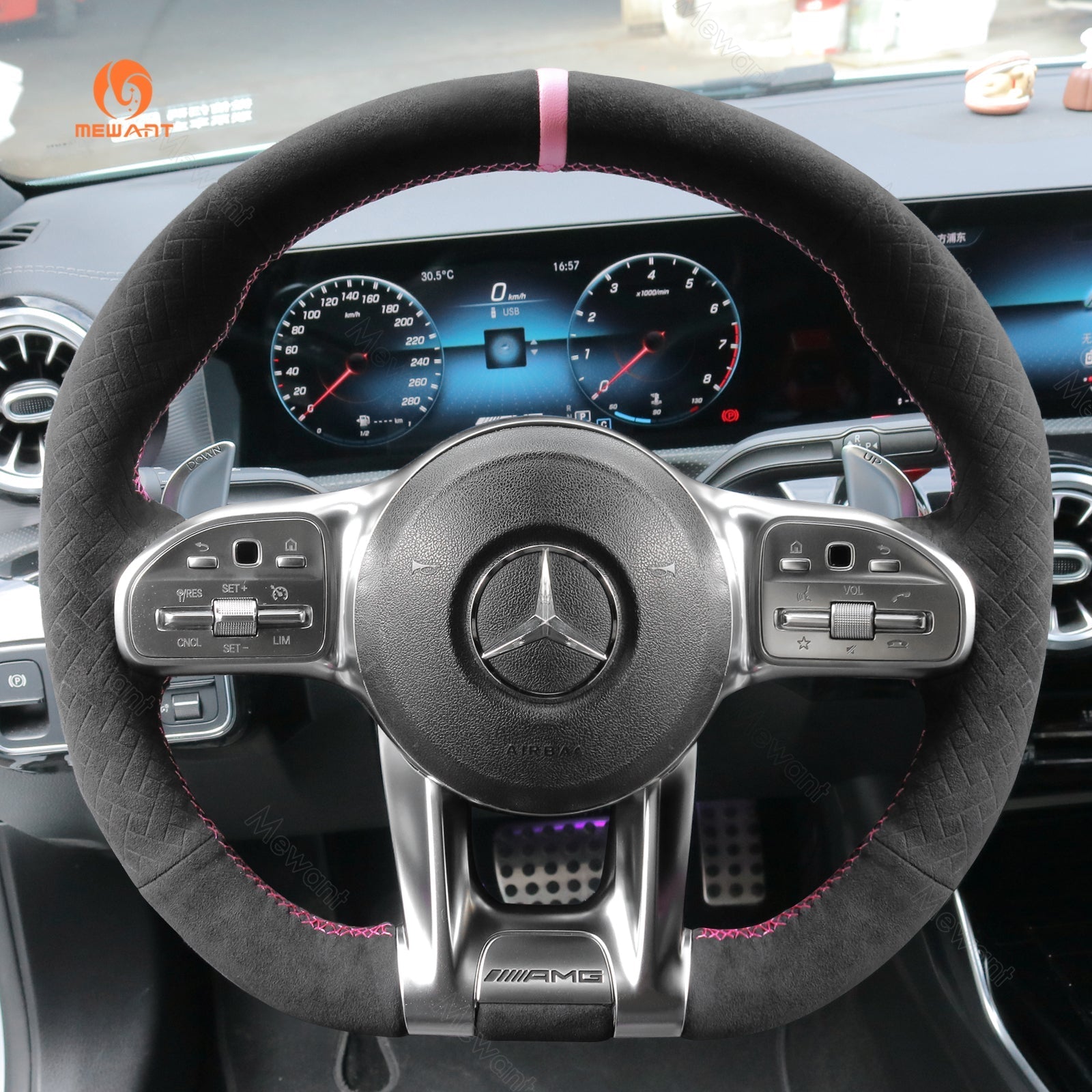 MEWANT Steering Wheel Cover for Mercedes Benz AMG A35 W177 C190 W205 W213 2019 - 2021 - Alcantara, Leather, Carbon Fiber, Easy Install, Non - Slip, Best Steering Wheel Cover