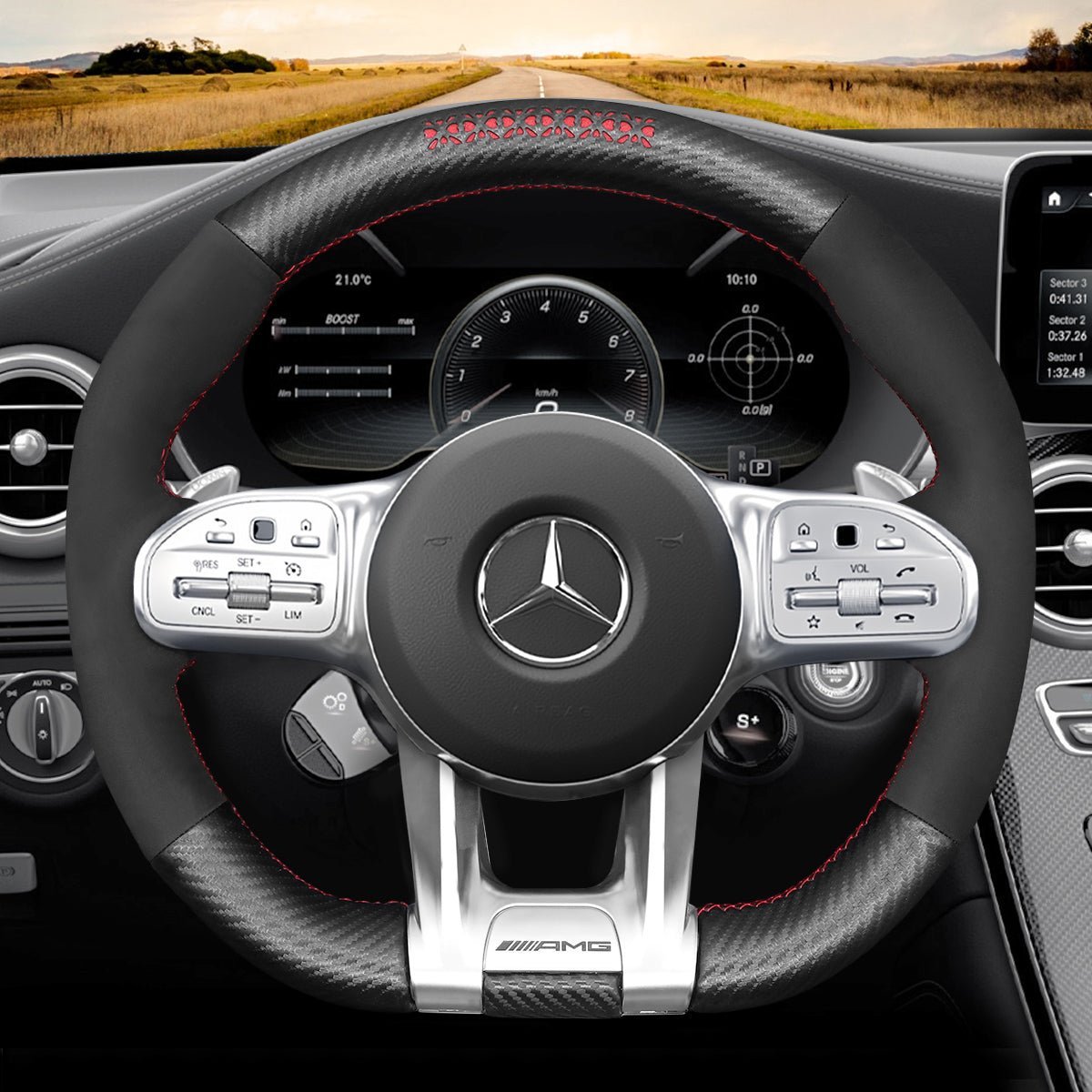 MEWANT Steering Wheel Cover for Mercedes Benz AMG A35 W177 C190 W205 W213 2019 - 2021 - Alcantara, Leather, Carbon Fiber, Easy Install, Non - Slip, Best Steering Wheel Cover