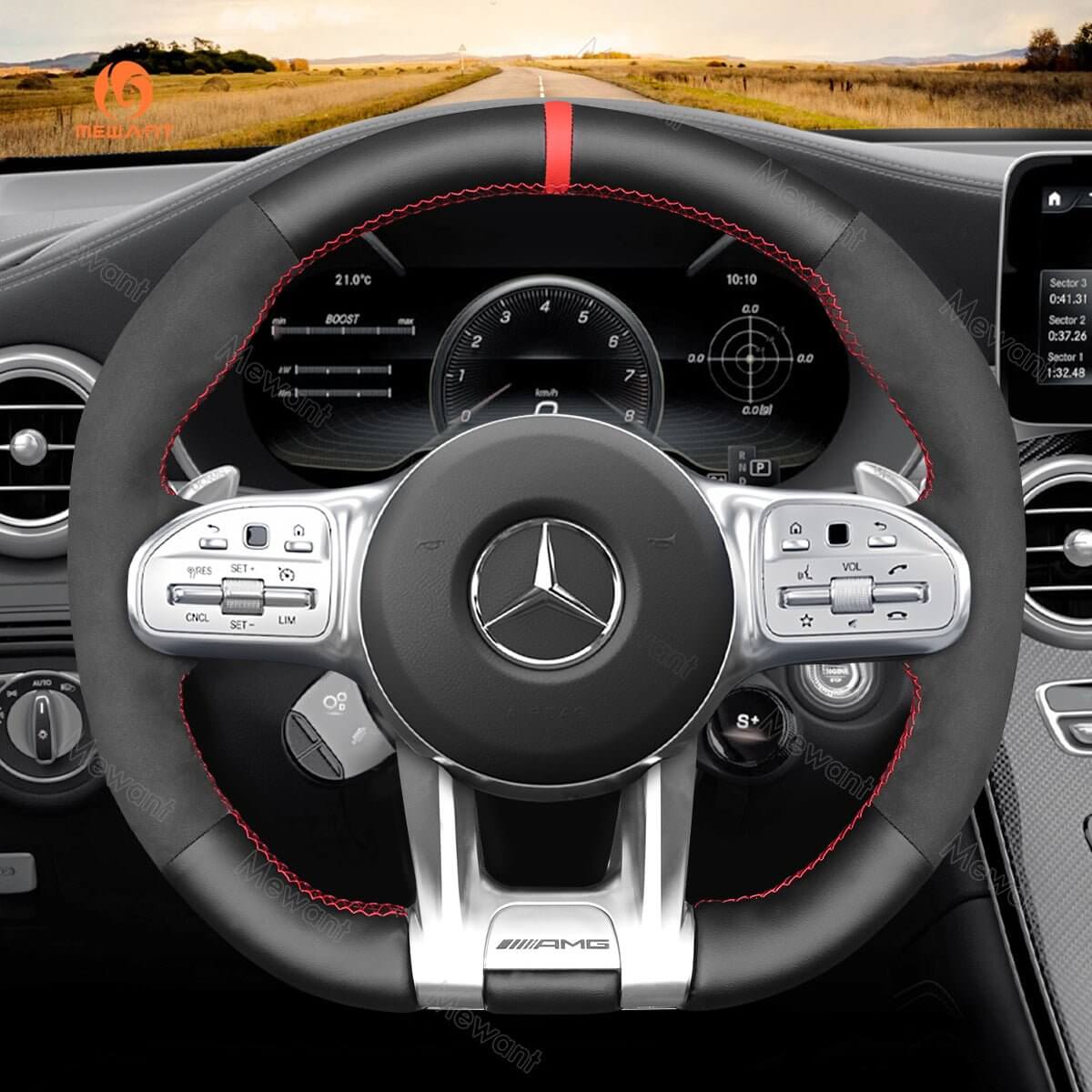 MEWANT Steering Wheel Cover for Mercedes Benz AMG A35 W177 C190 W205 W213 2019 - 2021 - Alcantara, Leather, Carbon Fiber, Easy Install, Non - Slip, Best Steering Wheel Cover