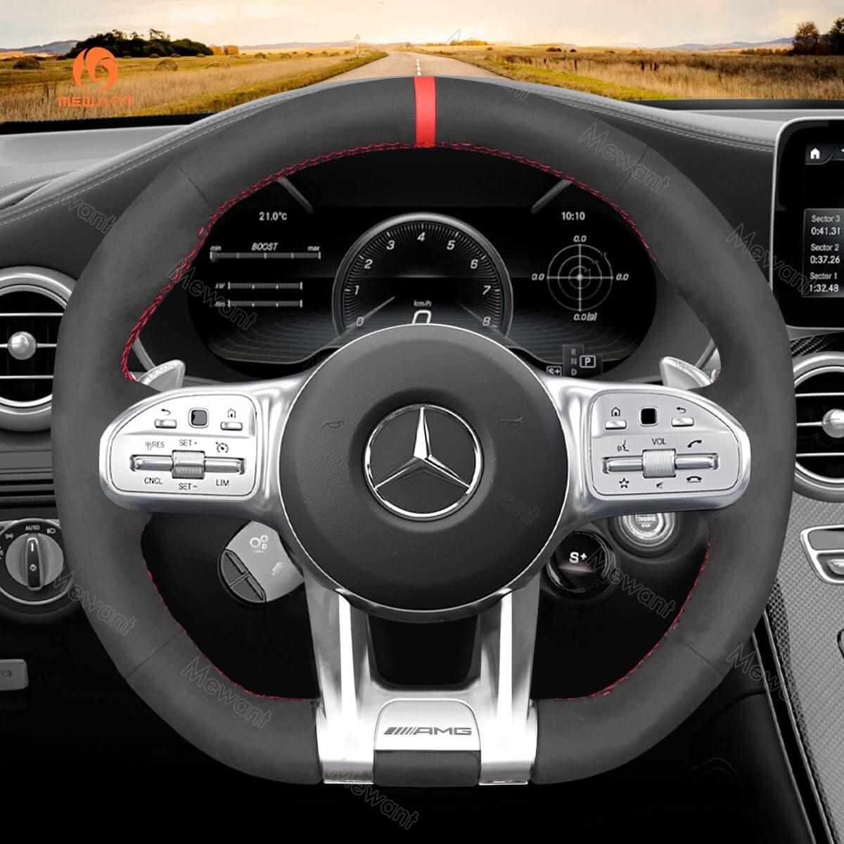 MEWANT Steering Wheel Cover for Mercedes Benz AMG A35 W177 C190 W205 W213 2019 - 2021 - Alcantara, Leather, Carbon Fiber, Easy Install, Non - Slip, Best Steering Wheel Cover