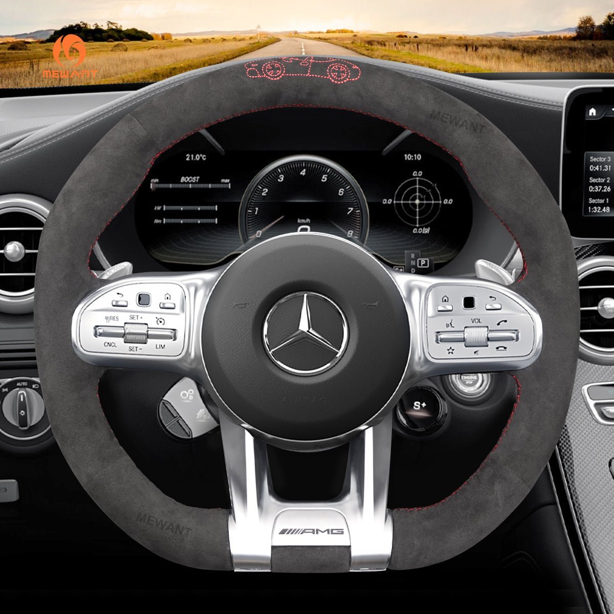 MEWANT Steering Wheel Cover for Mercedes Benz AMG A35 W177 C190 W205 W213 2019 - 2021 - Alcantara, Leather, Carbon Fiber, Easy Install, Non - Slip, Best Steering Wheel Cover
