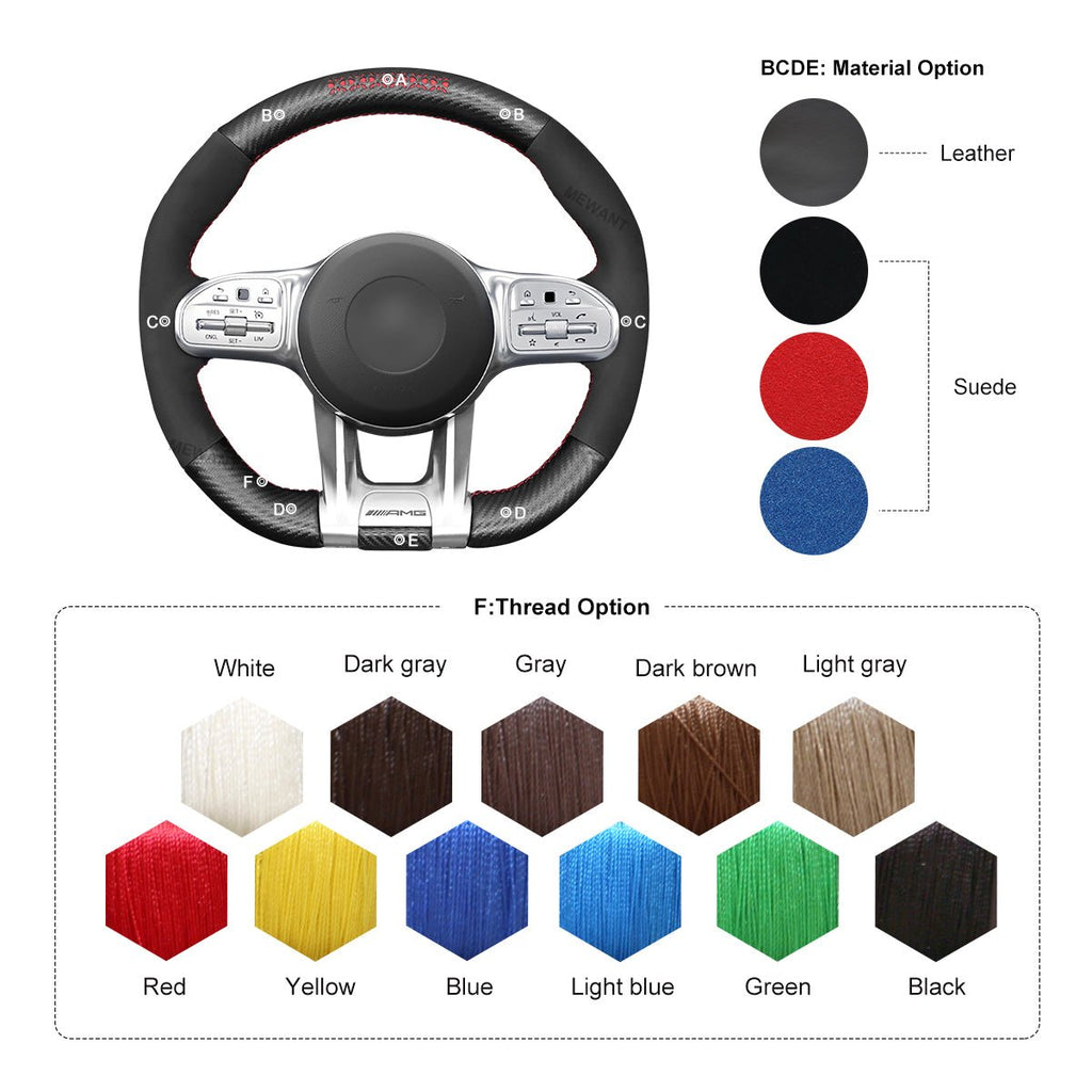 MEWANT Steering Wheel Cover for Mercedes Benz AMG A35 W177 C190 W205 W213 2019 - 2021 - Alcantara, Leather, Carbon Fiber, Easy Install, Non - Slip, Best Steering Wheel Cover