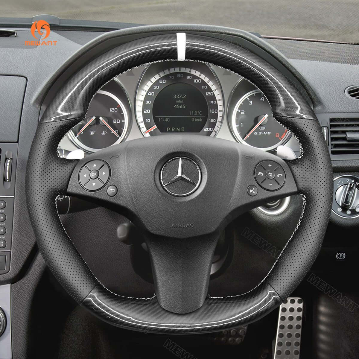 MEWANT Steering Wheel Cover for Mercedes Benz AMG C63 W204 C219 W212 R230 C197 R197 2008 - 2011 - Alcantara, Leather, Carbon Fiber, Easy Install, Non - Slip, Best Steering Wheel Cover