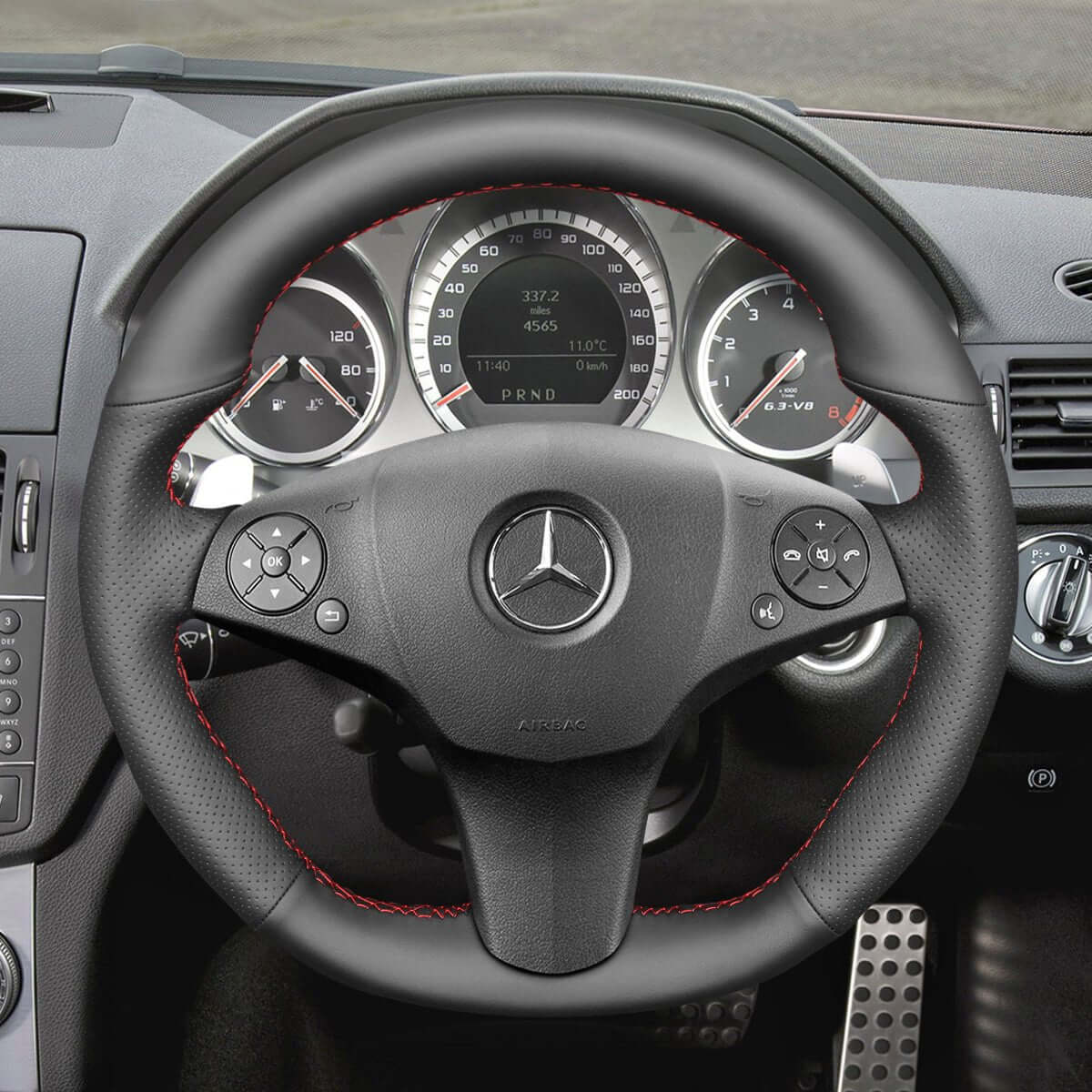 MEWANT Steering Wheel Cover for Mercedes Benz AMG C63 W204 C219 W212 R230 C197 R197 2008 - 2011 - Alcantara, Leather, Carbon Fiber, Easy Install, Non - Slip, Best Steering Wheel Cover