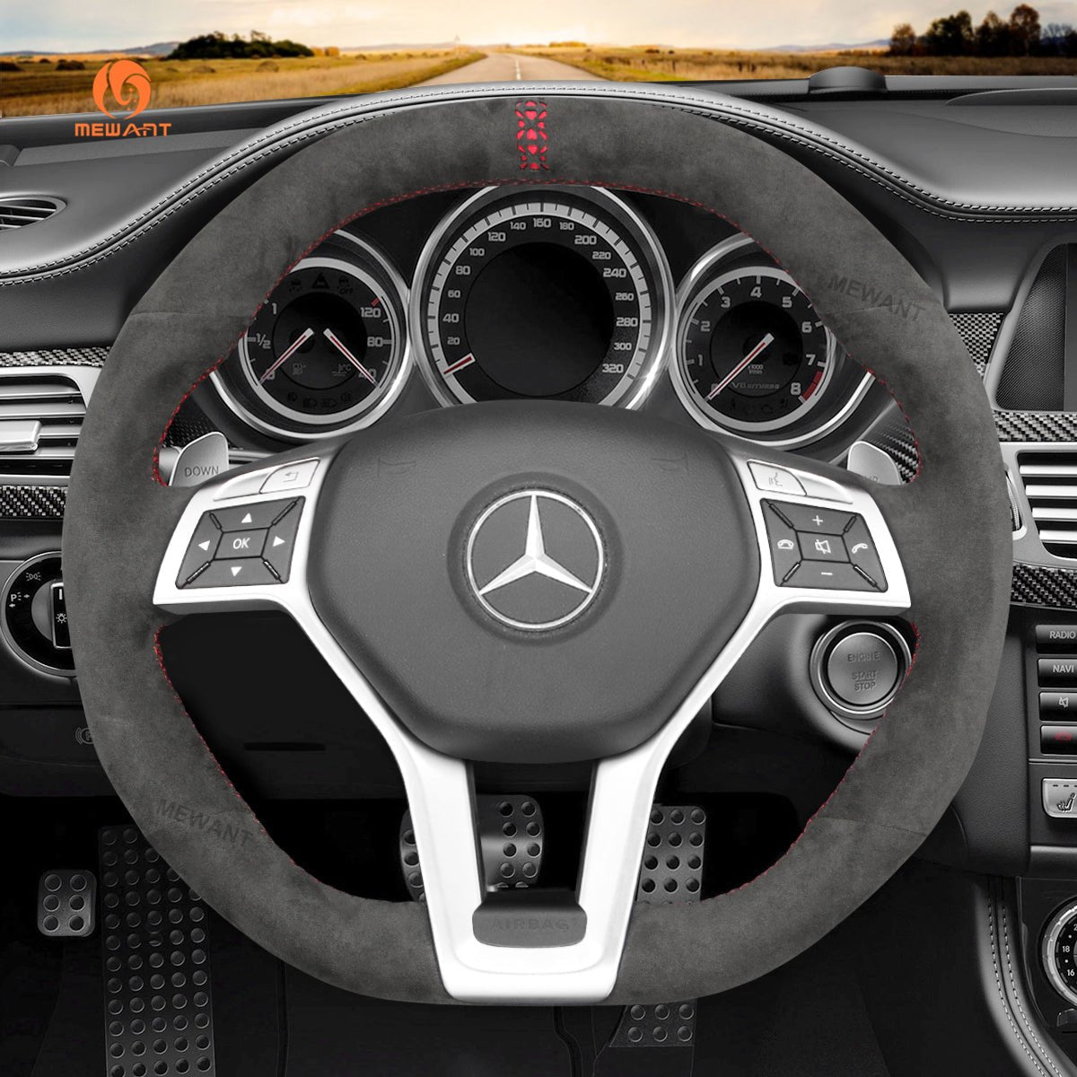 MEWANT Steering Wheel Cover for Mercedes Benz AMG C63 W204 CLA 45 CLS 63 C218 C218 W212 2012 - 2015 - Alcantara, Leather, Carbon Fiber, Easy Install, Non - Slip, Best Steering Wheel Cover
