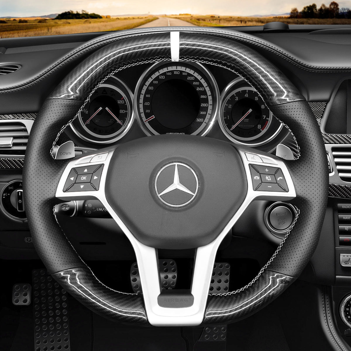 MEWANT Steering Wheel Cover for Mercedes Benz AMG C63 W204 CLA 45 CLS 63 C218 C218 W212 2012 - 2015 - Alcantara, Leather, Carbon Fiber, Easy Install, Non - Slip, Best Steering Wheel Cover