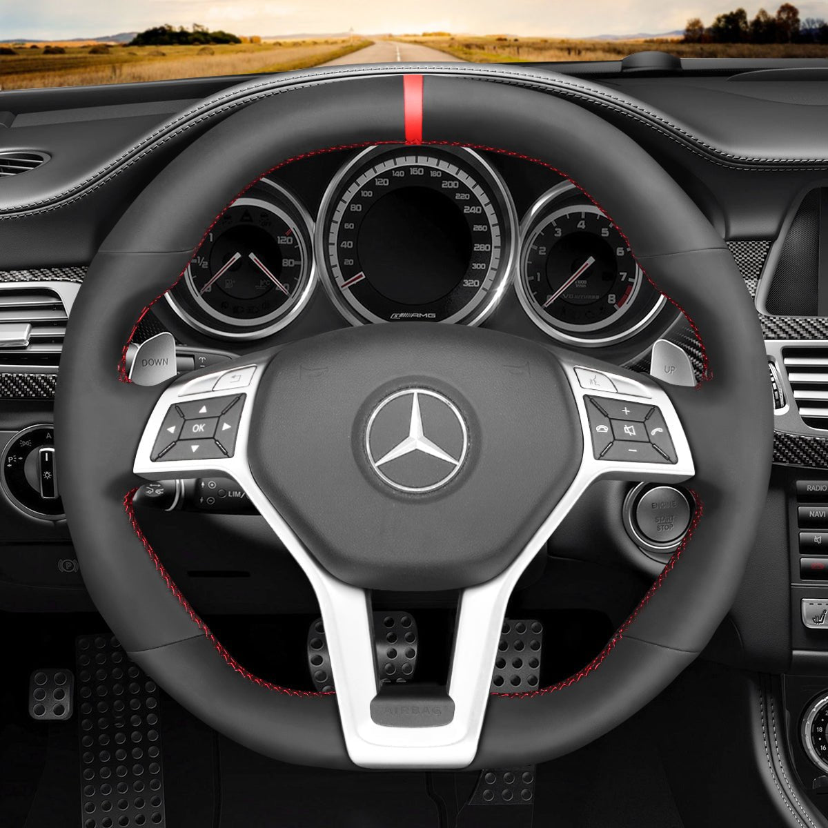 MEWANT Steering Wheel Cover for Mercedes Benz AMG C63 W204 CLA 45 CLS 63 C218 C218 W212 2012 - 2015 - Alcantara, Leather, Carbon Fiber, Easy Install, Non - Slip, Best Steering Wheel Cover