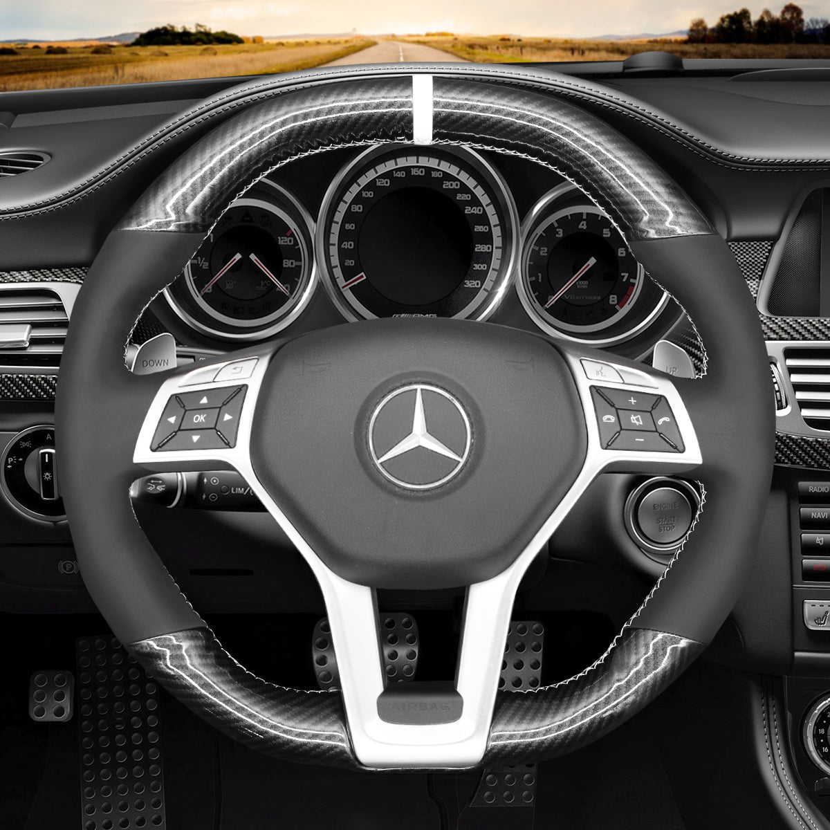 MEWANT Steering Wheel Cover for Mercedes Benz AMG C63 W204 CLA 45 CLS 63 C218 C218 W212 2012 - 2015 - Alcantara, Leather, Carbon Fiber, Easy Install, Non - Slip, Best Steering Wheel Cover