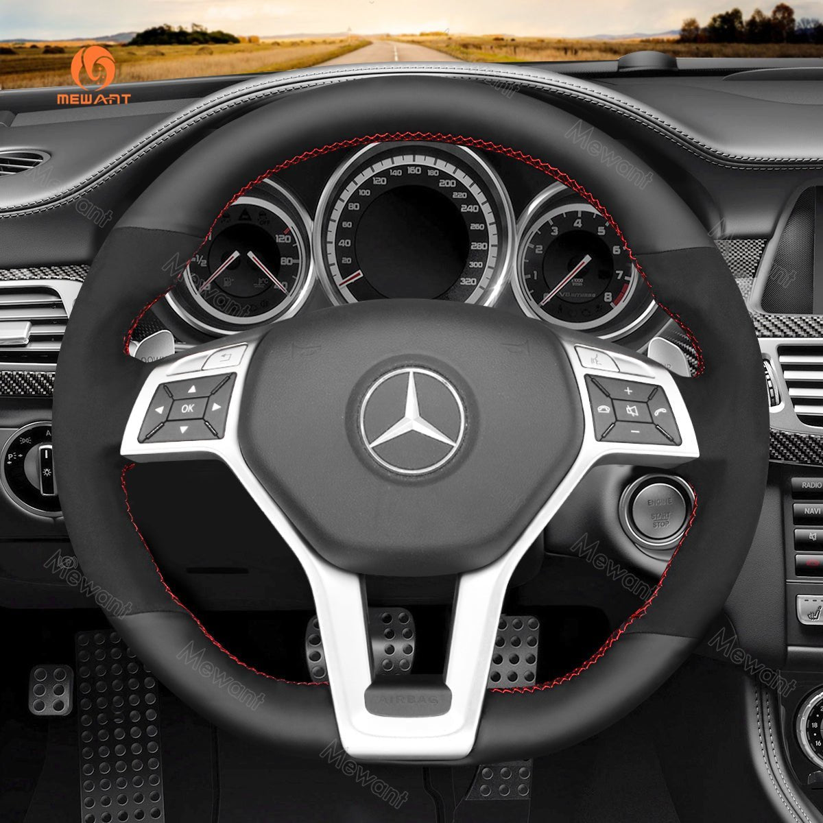 MEWANT Steering Wheel Cover for Mercedes Benz AMG C63 W204 CLA 45 CLS 63 C218 C218 W212 2012 - 2015 - Alcantara, Leather, Carbon Fiber, Easy Install, Non - Slip, Best Steering Wheel Cover