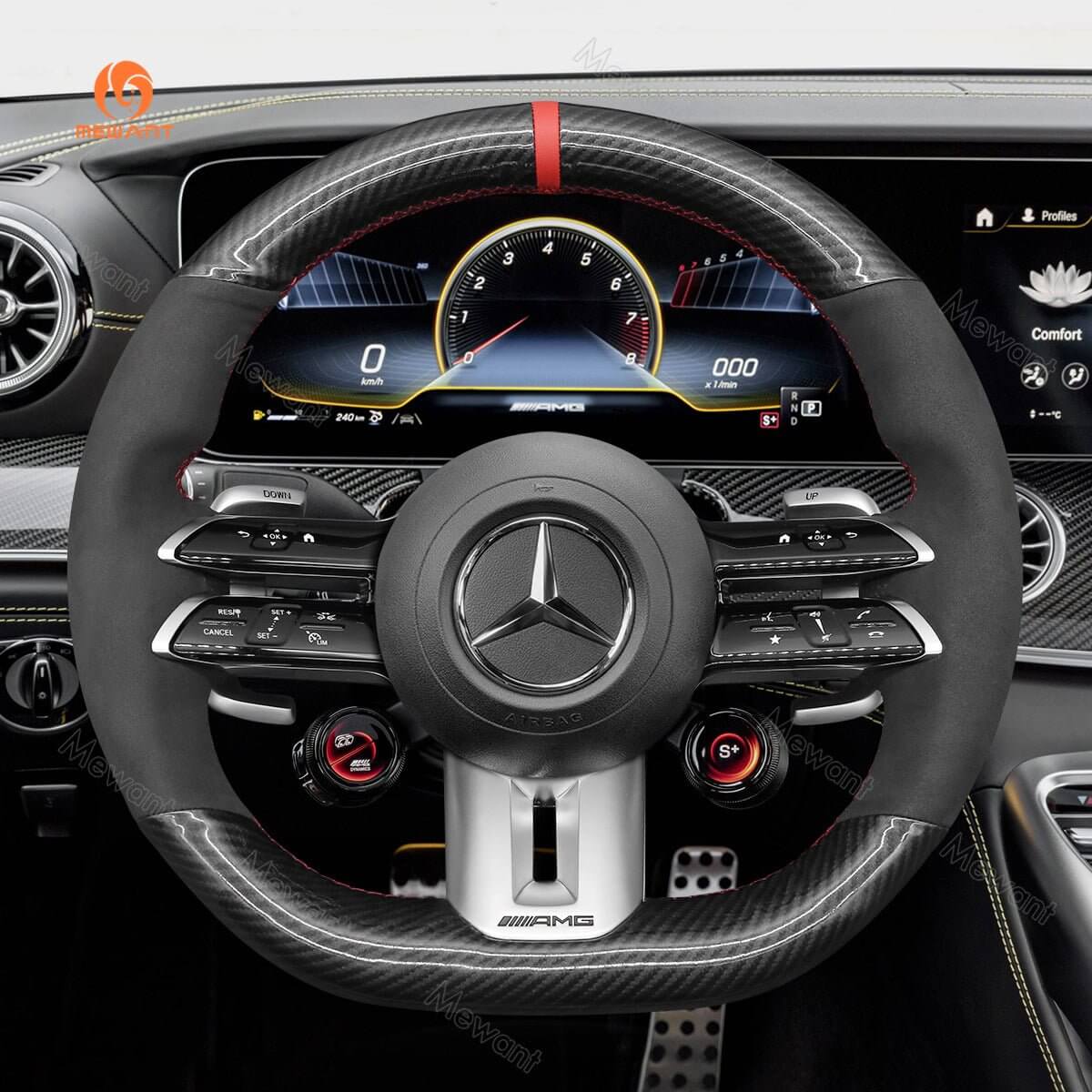 MEWANT Steering Wheel Cover for Mercedes Benz AMG GT C190 R190 E53 E63S W213 EQE V295 SL55 SL63 R232 2021 - 2023 - Alcantara, Leather, Carbon Fiber, Easy Install, Non - Slip, Best Steering Wheel Cover
