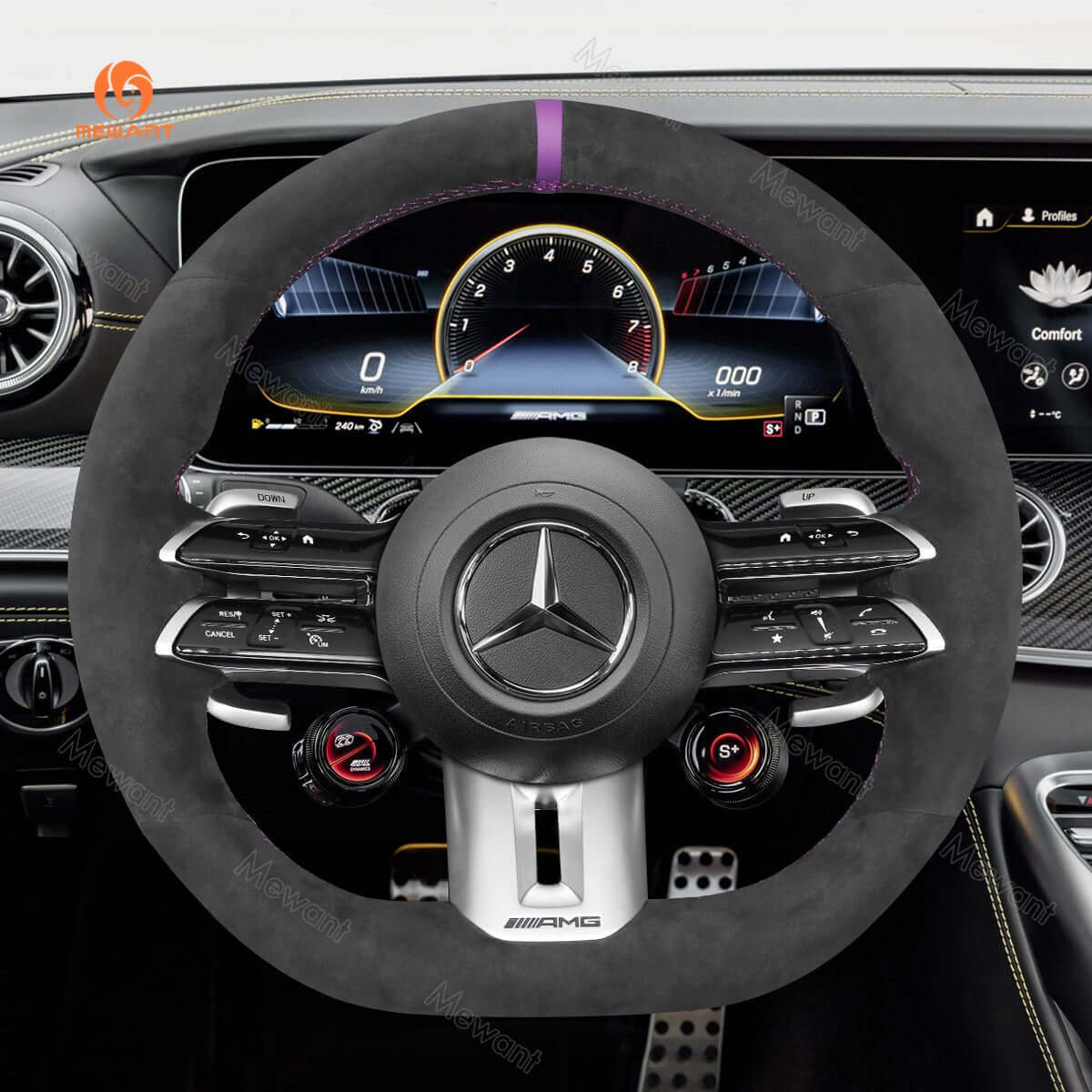 MEWANT Steering Wheel Cover for Mercedes Benz AMG GT C190 R190 E53 E63S W213 EQE V295 SL55 SL63 R232 2021 - 2023 - Alcantara, Leather, Carbon Fiber, Easy Install, Non - Slip, Best Steering Wheel Cover