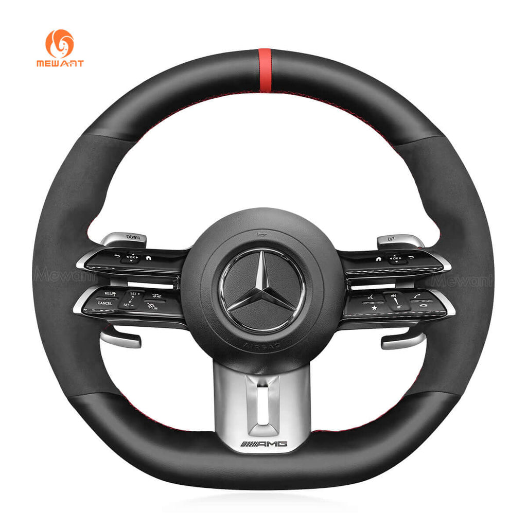 MEWANT Steering Wheel Cover for Mercedes Benz AMG GT C190 R190 E53 E63S W213 EQE V295 SL55 SL63 R232 2021 - 2023 - Alcantara, Leather, Carbon Fiber, Easy Install, Non - Slip, Best Steering Wheel Cover