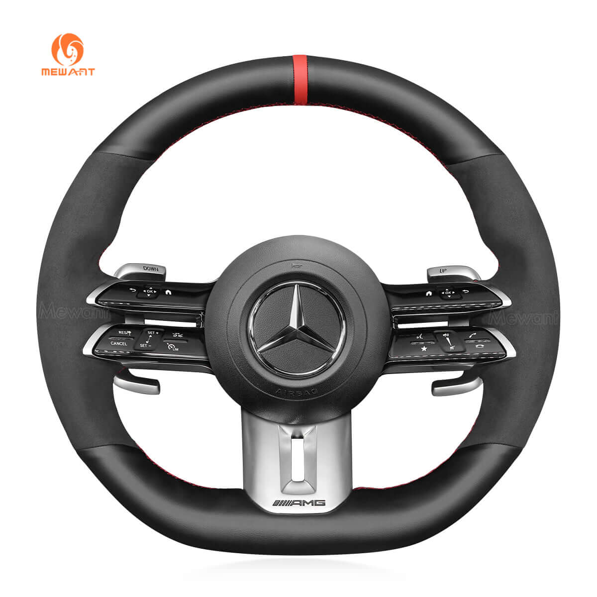 MEWANT Steering Wheel Cover for Mercedes Benz AMG GT C190 R190 E53 E63S W213 EQE V295 SL55 SL63 R232 2021 - 2023 - Alcantara, Leather, Carbon Fiber, Easy Install, Non - Slip, Best Steering Wheel Cover