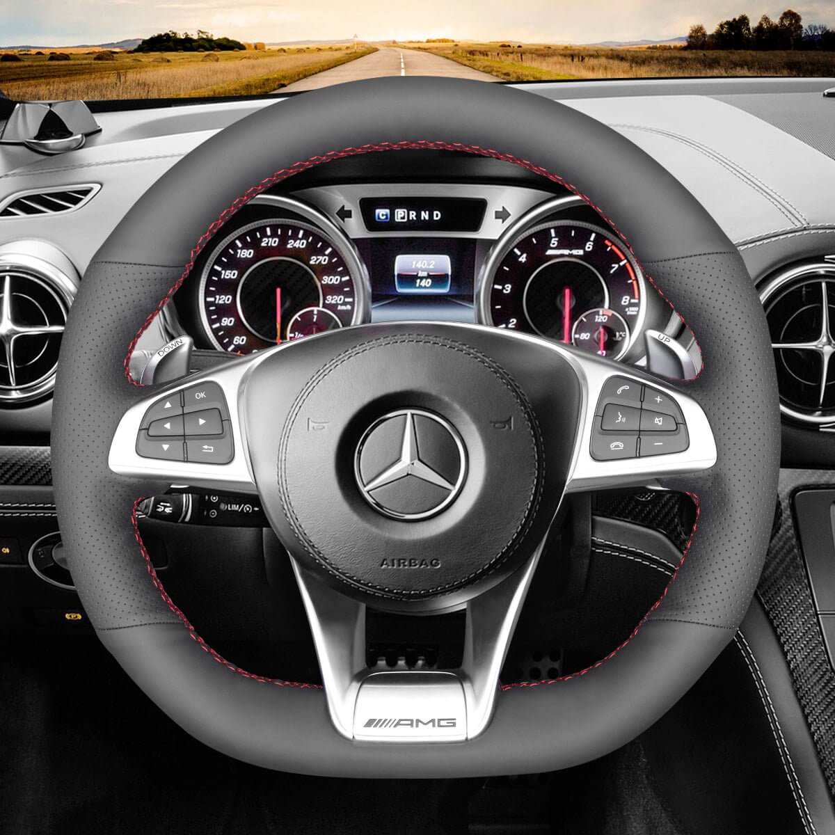 MEWANT Steering Wheel Cover for Mercedes Benz AMG GT C190 R190 W205 C117 C218 W213 X253 W166 W222 2015 - 2019 - Alcantara, Leather, Carbon Fiber, Easy Install, Non - Slip, Best Steering Wheel Cover