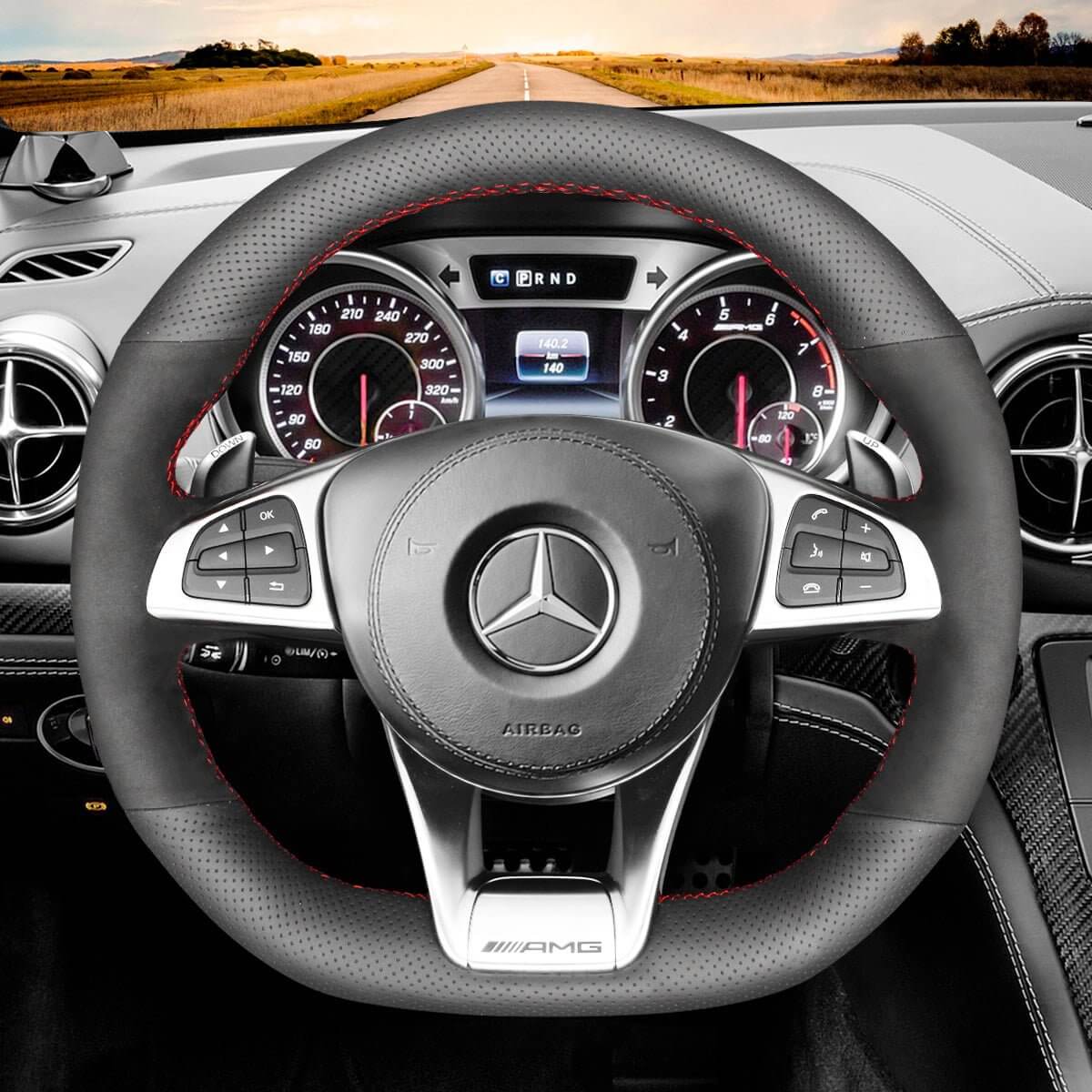 MEWANT Steering Wheel Cover for Mercedes Benz AMG GT C190 R190 W205 C117 C218 W213 X253 W166 W222 2015 - 2019 - Alcantara, Leather, Carbon Fiber, Easy Install, Non - Slip, Best Steering Wheel Cover