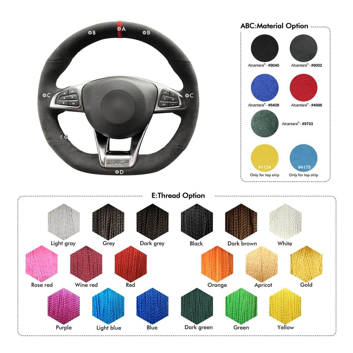 MEWANT Steering Wheel Cover for Mercedes Benz AMG GT C190 R190 W205 C117 C218 W213 X253 W166 W222 2015 - 2019 - Alcantara, Leather, Carbon Fiber, Easy Install, Non - Slip, Best Steering Wheel Cover