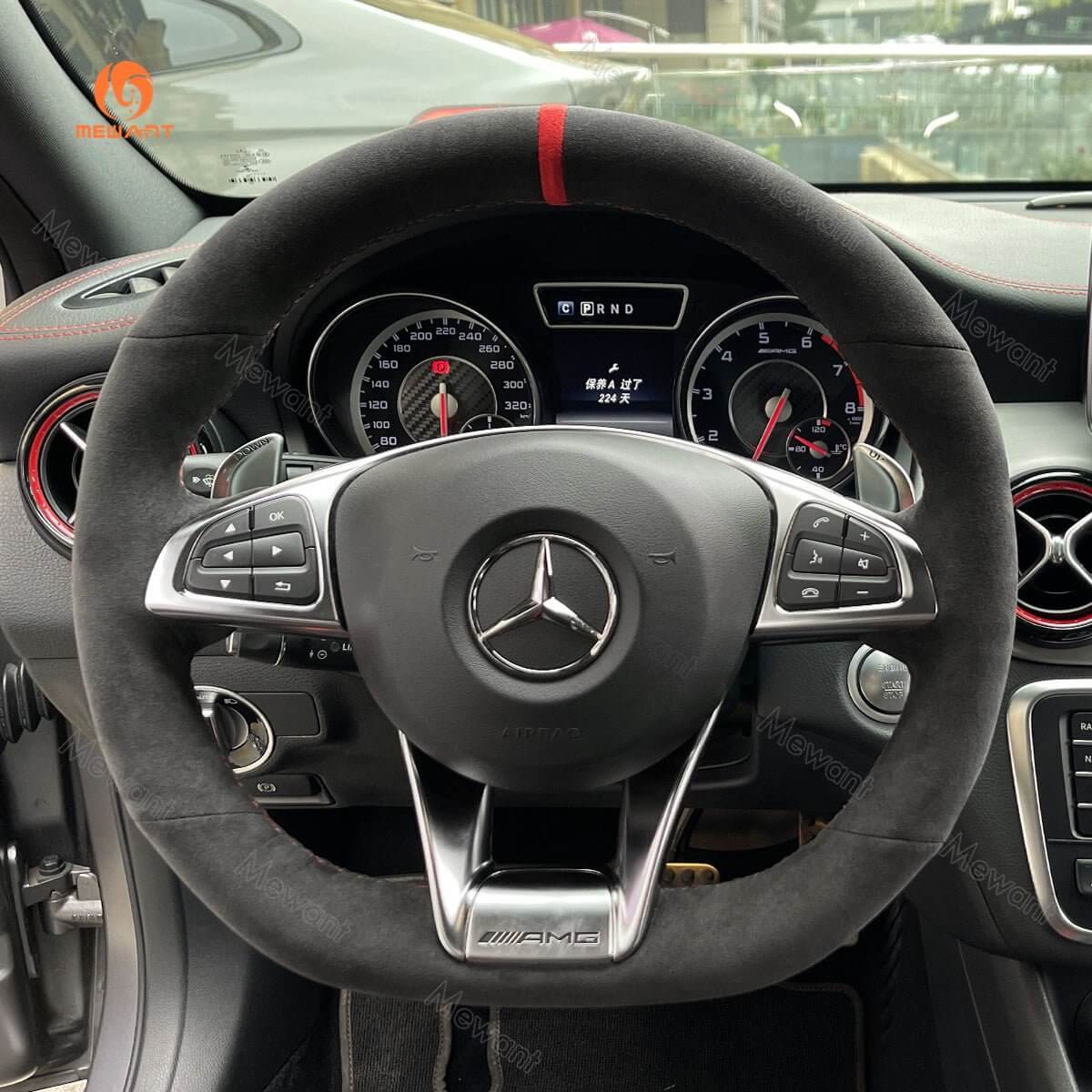 MEWANT Steering Wheel Cover for Mercedes Benz AMG GT C190 R190 W205 C117 C218 W213 X253 W166 W222 2015 - 2019 - Alcantara, Leather, Carbon Fiber, Easy Install, Non - Slip, Best Steering Wheel Cover