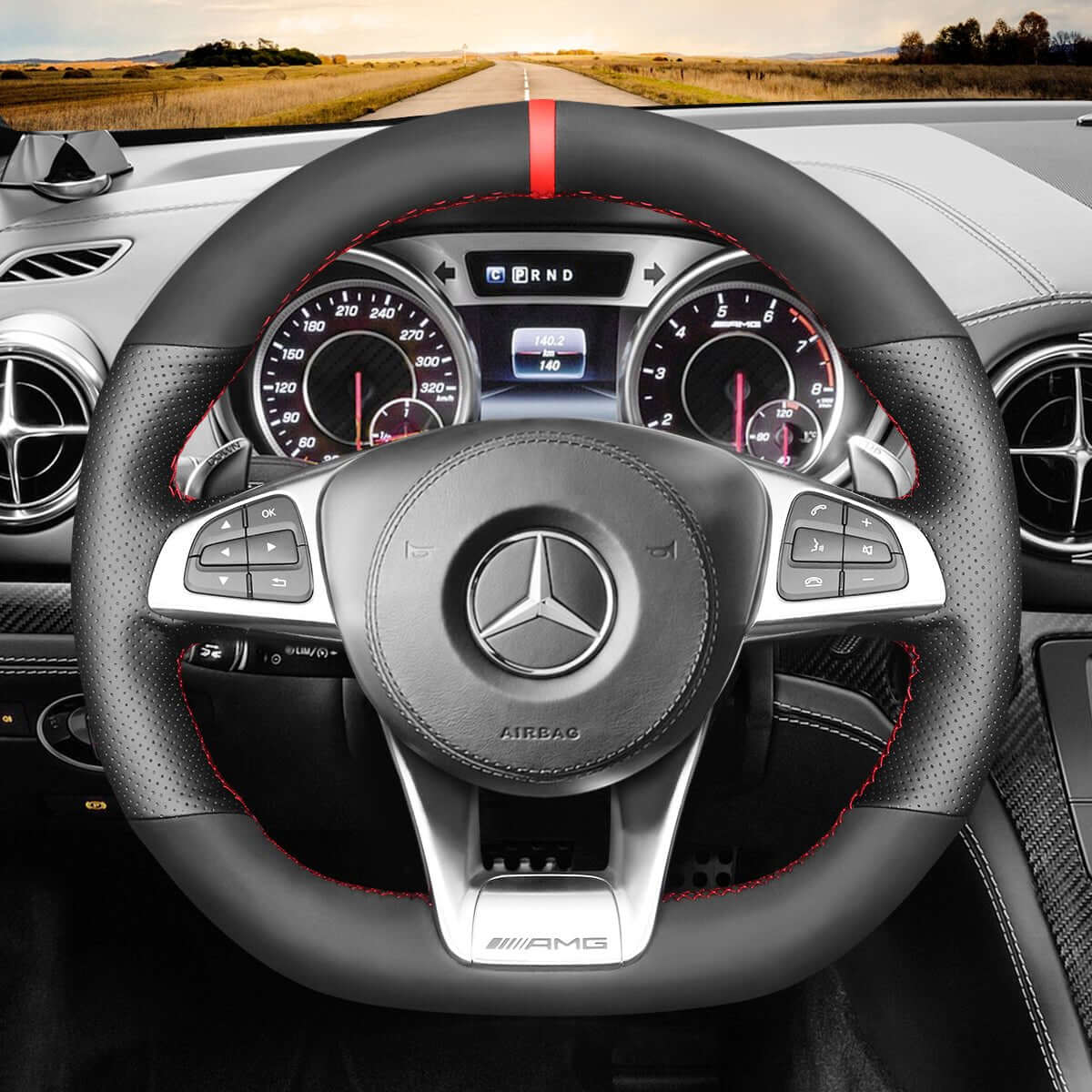 MEWANT Steering Wheel Cover for Mercedes Benz AMG GT C190 R190 W205 C117 C218 W213 X253 W166 W222 2015 - 2019 - Alcantara, Leather, Carbon Fiber, Easy Install, Non - Slip, Best Steering Wheel Cover