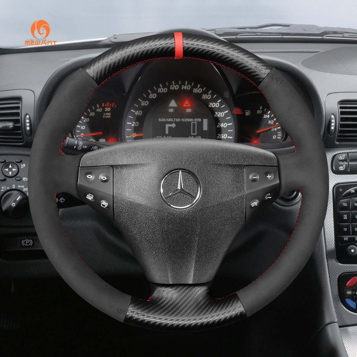 MEWANT Steering Wheel Cover for Mercedes benz C - Class W203 Kompressor 2001 - 2004 - Alcantara, Leather, Carbon Fiber, Easy Install, Non - Slip, Best Steering Wheel Cover