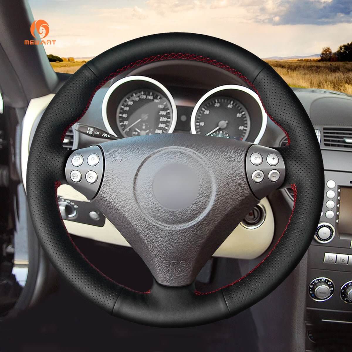 MEWANT Steering Wheel Cover for Mercedes Benz C - Class W203 SLK - Class R171 2005 - 2008 - Alcantara, Leather, Carbon Fiber, Easy Install, Non - Slip, Best Steering Wheel Cover