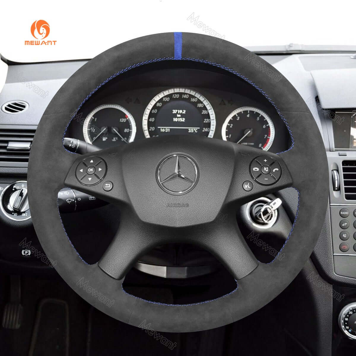 MEWANT Steering Wheel Cover for Mercedes Benz C - Class W204 2007 - 2011 - Alcantara, Leather, Carbon Fiber, Easy Install, Non - Slip, Best Steering Wheel Cover